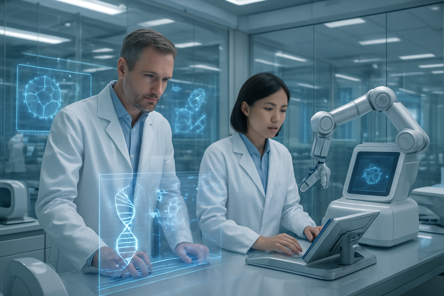 Create a realistic image of a state-of-the-art medical research laboratory with advanced holographic displays showing DNA sequences and molecular structures, white male and Asian female scientists in lab coats examining futuristic medical equipment including robotic surgical arms and AI-powered diagnostic machines, sleek modern laboratory setting with glass walls and metallic surfaces, bright clinical lighting with blue accent lights from the technological displays, sterile white and silver color scheme conveying innovation and precision, scientists actively engaged in research and development work, cutting-edge atmosphere representing breakthrough medical technology, absolutely NO text should be in the scene.