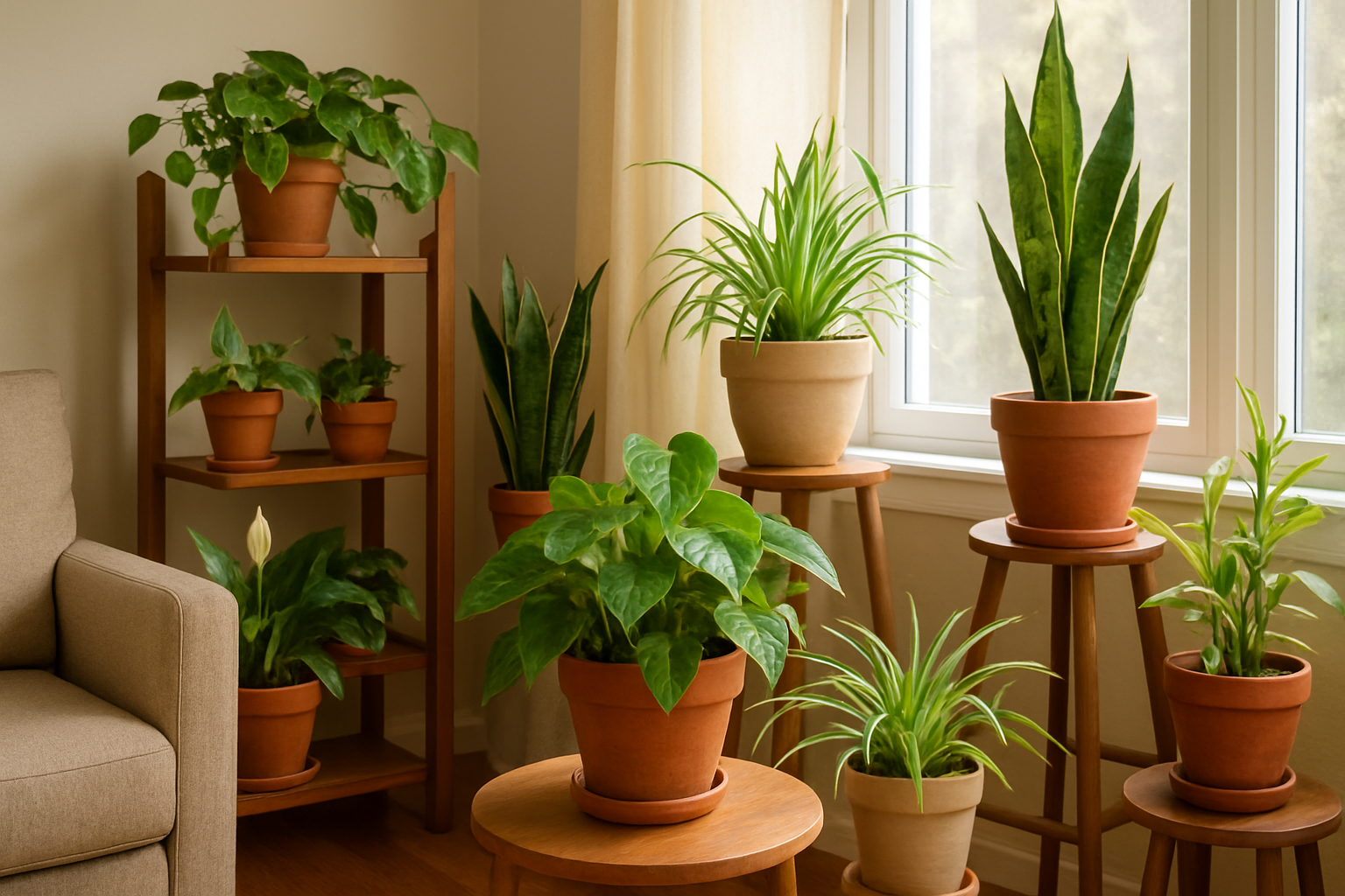 Create a realistic image of a cozy indoor living space featuring a diverse collection of thriving beginner-friendly houseplants including pothos, snake plants, spider plants, and peace lilies arranged on wooden shelves, side tables, and plant stands near a bright window with natural sunlight streaming in, showing healthy green foliage in various sized terracotta and ceramic pots, with a warm and welcoming atmosphere that conveys successful plant parenting and a well-established indoor garden setup, absolutely NO text should be in the scene.