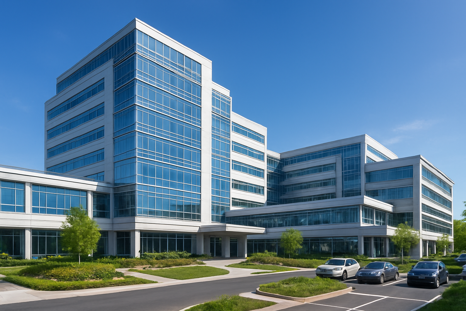 Create a realistic image of a modern multi-story hospital building with a prominent medical center architecture featuring glass facades and clean lines, with multiple wings or pavilions connected by walkways representing different organ specialties, surrounded by well-maintained landscaping and parking areas, under bright daylight with clear blue skies, conveying excellence and advanced medical care through its impressive and sophisticated design, absolutely NO text should be in the scene.
