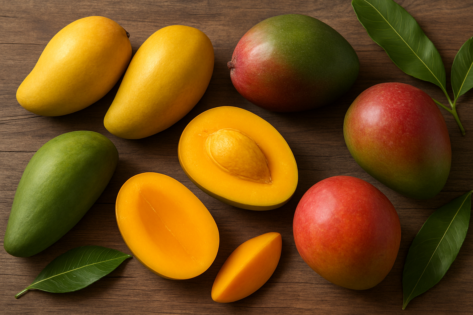 Create a realistic image of various popular mango varieties from around the world arranged on a rustic wooden surface, showcasing different shapes, sizes and colors including yellow Alphonso mangoes, green and red Tommy Atkins mangoes, elongated Kesar mangoes, and round Haden mangoes, with some cut open to reveal their orange flesh, natural daylight illuminating the scene with soft shadows, tropical leaves scattered around as decorative elements, warm and inviting atmosphere that celebrates the diversity of mango varieties globally, absolutely NO text should be in the scene.
