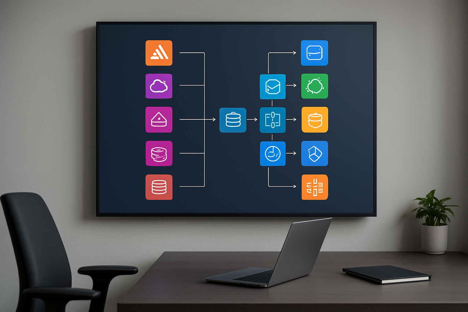 Create a realistic image of a modern office workspace featuring a large wall-mounted digital display showing two parallel columns of colorful AWS service icons and logos, with connecting arrows or lines mapping between AWS Amplify services on the left side to corresponding native AWS services on the right side, including recognizable cloud service symbols like databases, authentication shields, and API gateways, set against a clean professional background with subtle lighting, and a sleek desk with a laptop in the foreground, absolutely NO text should be in the scene.