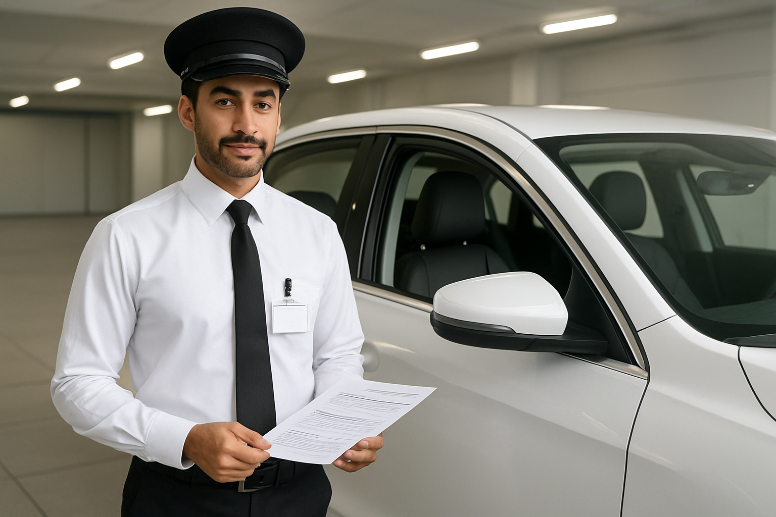 Create a realistic image of a professional Middle Eastern male driver in a crisp white uniform standing beside a clean, modern luxury sedan vehicle, holding safety certification documents and wearing a professional name badge, with the vehicle's interior visible showing safety features like seat belts and headrests, set against a clean modern transport facility backdrop with professional lighting that conveys trust and reliability, absolutely NO text should be in the scene.