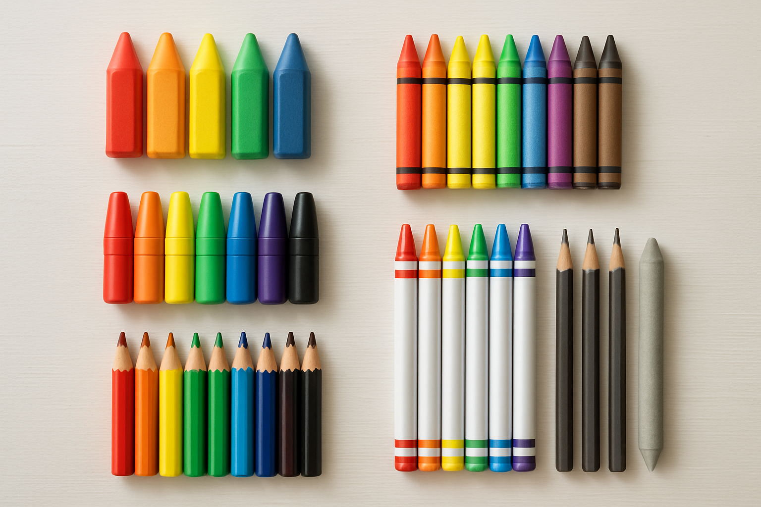 Create a realistic image of a well-organized flat lay display showing age-appropriate drawing tools arranged in distinct groups on a clean white wooden surface, featuring chunky triangular crayons and thick markers for toddlers, regular crayons and washable markers for young children, colored pencils and fine-tip markers for older kids, and professional sketching pencils with blending tools for teens, each group clearly separated and arranged neatly with soft natural lighting from above creating gentle shadows, warm and inviting educational atmosphere, absolutely NO text should be in the scene.