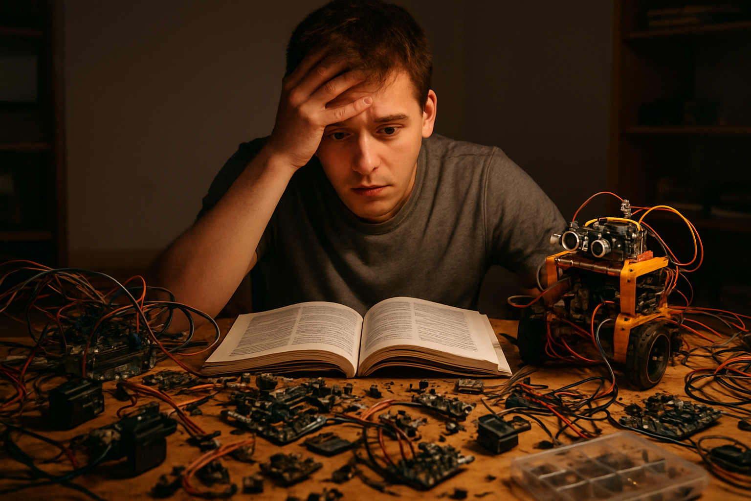 Create a realistic image of a complex robotics kit with intricate circuit boards, advanced sensors, multiple servo motors, and tangled wires scattered across a desk, showing a young white male student looking overwhelmed and confused while staring at a thick instruction manual with hundreds of small components laid out in front of him, warm indoor lighting creating shadows that emphasize the cluttered and intimidating nature of the advanced technology, absolutely NO text should be in the scene.