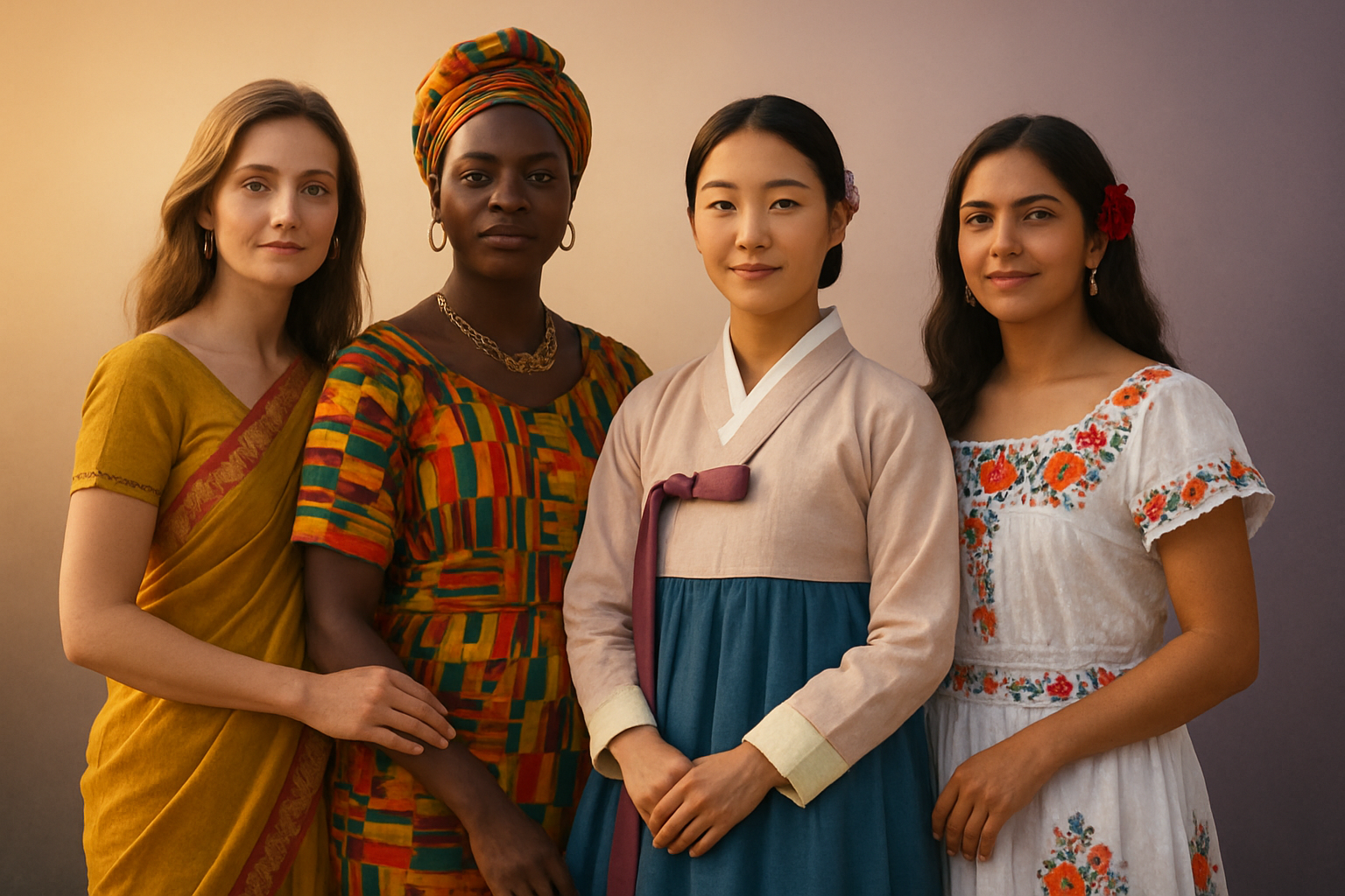 Create a realistic image of diverse women from different cultures around the world standing together in unity, including white, black, Asian, and Hispanic females wearing traditional clothing from their respective cultures such as saris, African kente cloth, Asian hanbok, and Latin American embroidered dresses, set against a soft gradient background transitioning from warm golden tones to deep purple hues, with gentle natural lighting creating a harmonious and empowering atmosphere, showing the women with confident expressions and proud postures, some holding hands or placing hands on each other's shoulders in solidarity, with cultural symbols like flowers, traditional jewelry, and fabric patterns subtly incorporated into the scene, conveying celebration and global sisterhood, absolutely NO text should be in the scene.