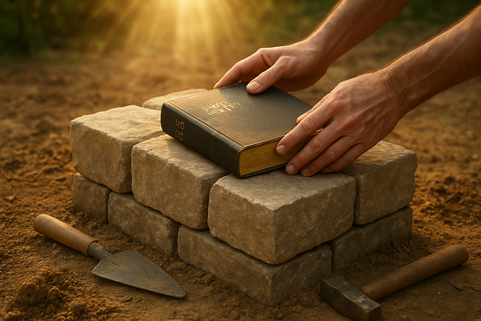 Create a realistic image of a sturdy stone foundation being laid with carefully placed cornerstone blocks, hands gently placing a Bible on top of the foundation stones, warm golden sunlight streaming down from above creating a peaceful and sacred atmosphere, soft earth and scattered construction tools around the foundation suggesting careful preparation and intentional building, serene outdoor setting with gentle shadows, conveying themes of spiritual groundwork and deliberate faith-building, absolutely NO text should be in the scene.