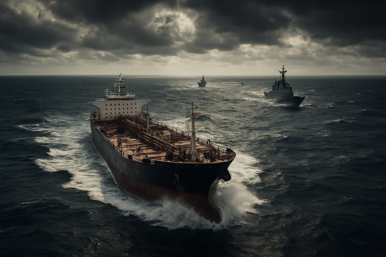 Create a realistic image of a dramatic maritime chase scene in the vast Indian Ocean with a large oil tanker ship in the foreground speeding through choppy dark blue waters, white foam and spray visible around the bow, multiple naval vessels pursuing in the background at various distances, stormy gray clouds overhead creating dramatic lighting with patches of sunlight breaking through, the ocean stretching endlessly to the horizon, waves crashing against the ships' hulls, sea spray in the air, conveying the intensity and scale of a long-distance naval pursuit across open waters, captured from an aerial perspective showing the enormity of the ocean and the determination of the chase, Absolutely NO text should be in the scene.