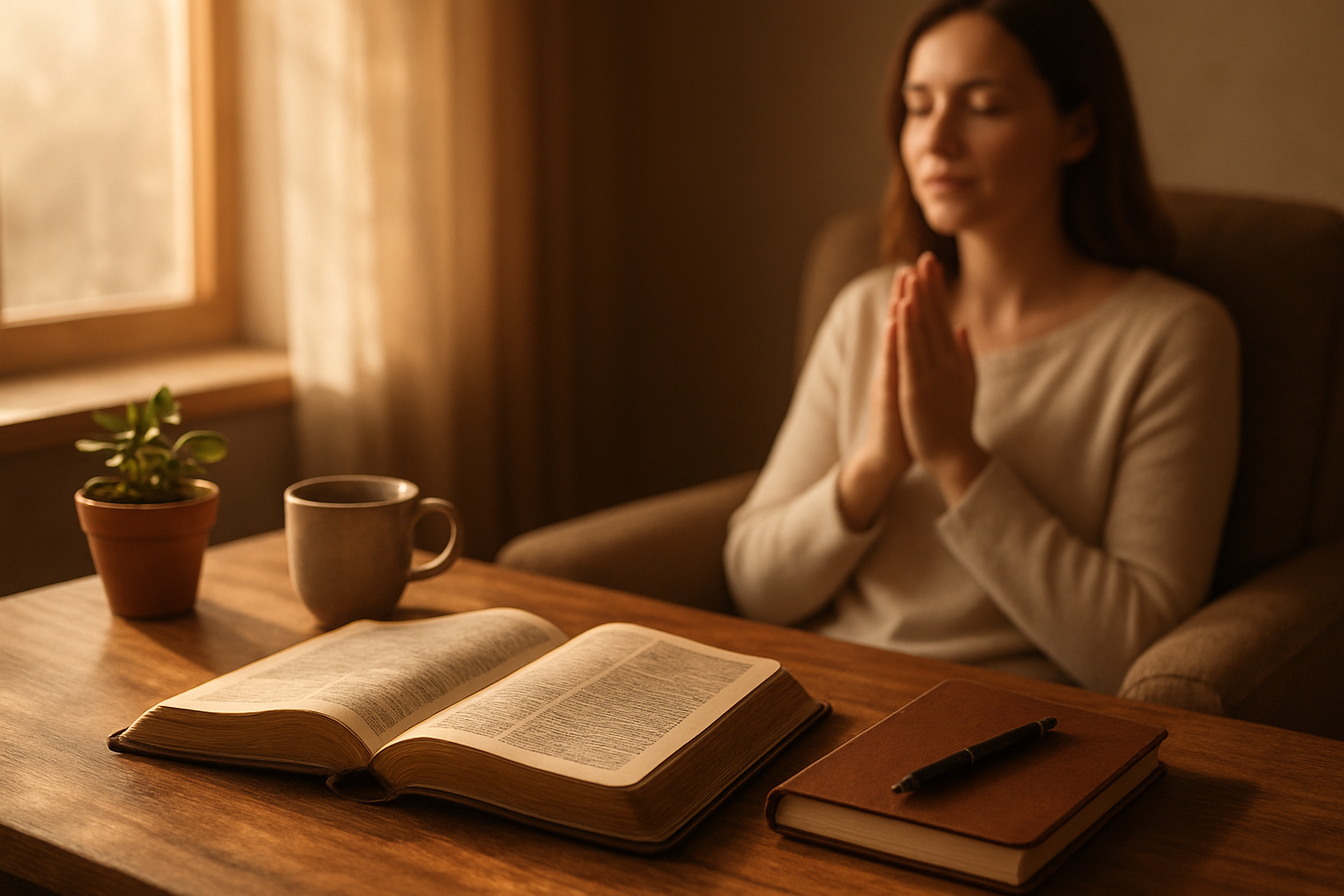 Create a realistic image of a peaceful indoor scene showing an open Bible with worn pages placed on a wooden table next to a small journal and pen, with soft morning sunlight streaming through a nearby window creating gentle shadows, a white female sitting in the background in a comfortable chair with hands folded in prayer position and eyes closed in a serene expression, warm wooden textures and earth tones throughout the scene, a small potted plant and coffee cup visible on the table, creating an atmosphere of tranquility and spiritual devotion, soft natural lighting with golden hour warmth, absolutely NO text should be in the scene.