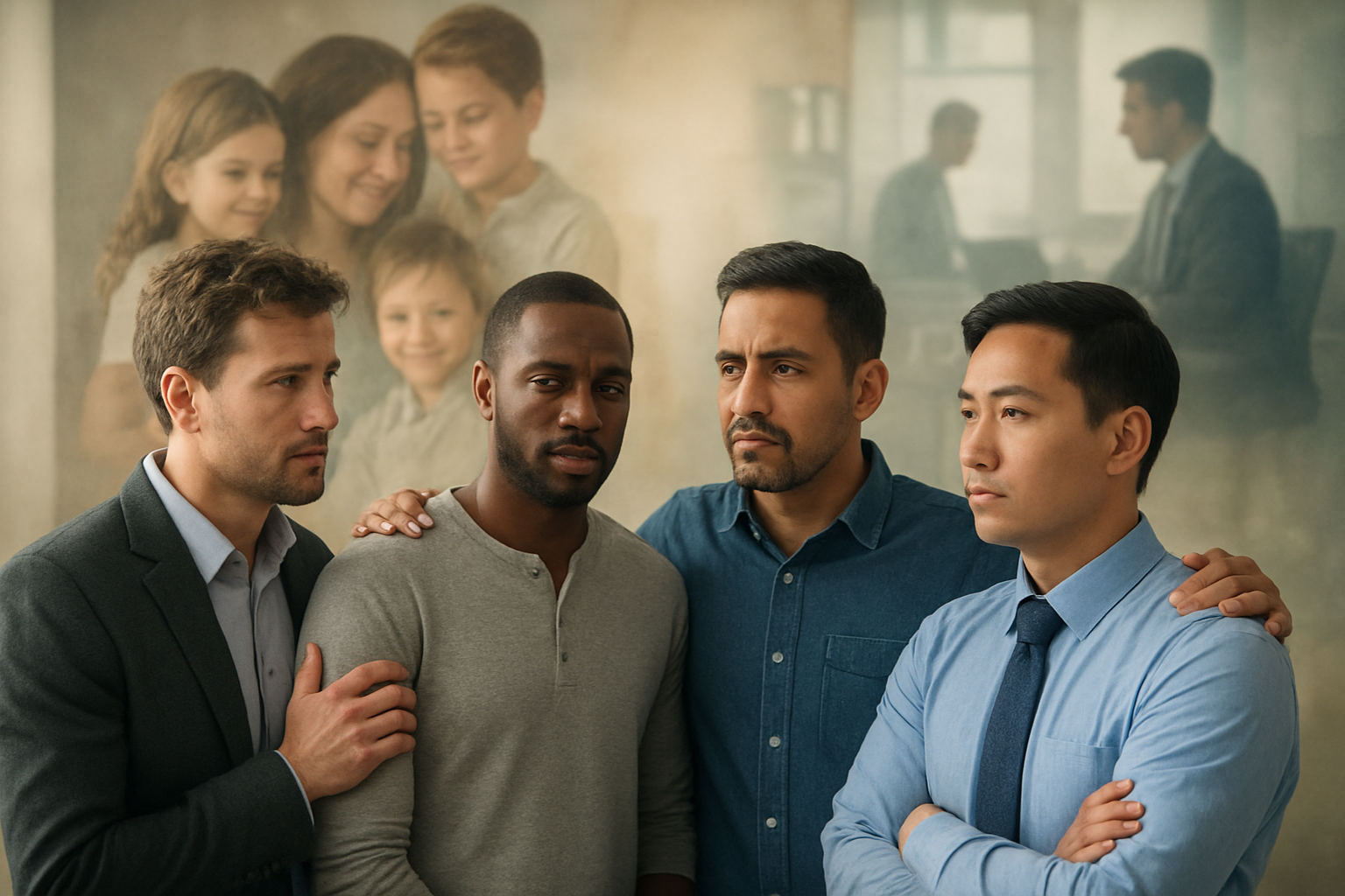 Create a realistic image of a diverse group of fathers of different races (white, black, Hispanic, Asian) standing together in a supportive circle, with some looking contemplative while others appear determined, set against a backdrop that shows both traditional family imagery and modern workplace elements blending together, soft natural lighting creating a hopeful yet serious mood, with the men wearing a mix of business attire and casual clothing representing different life paths, absolutely NO text should be in the scene.