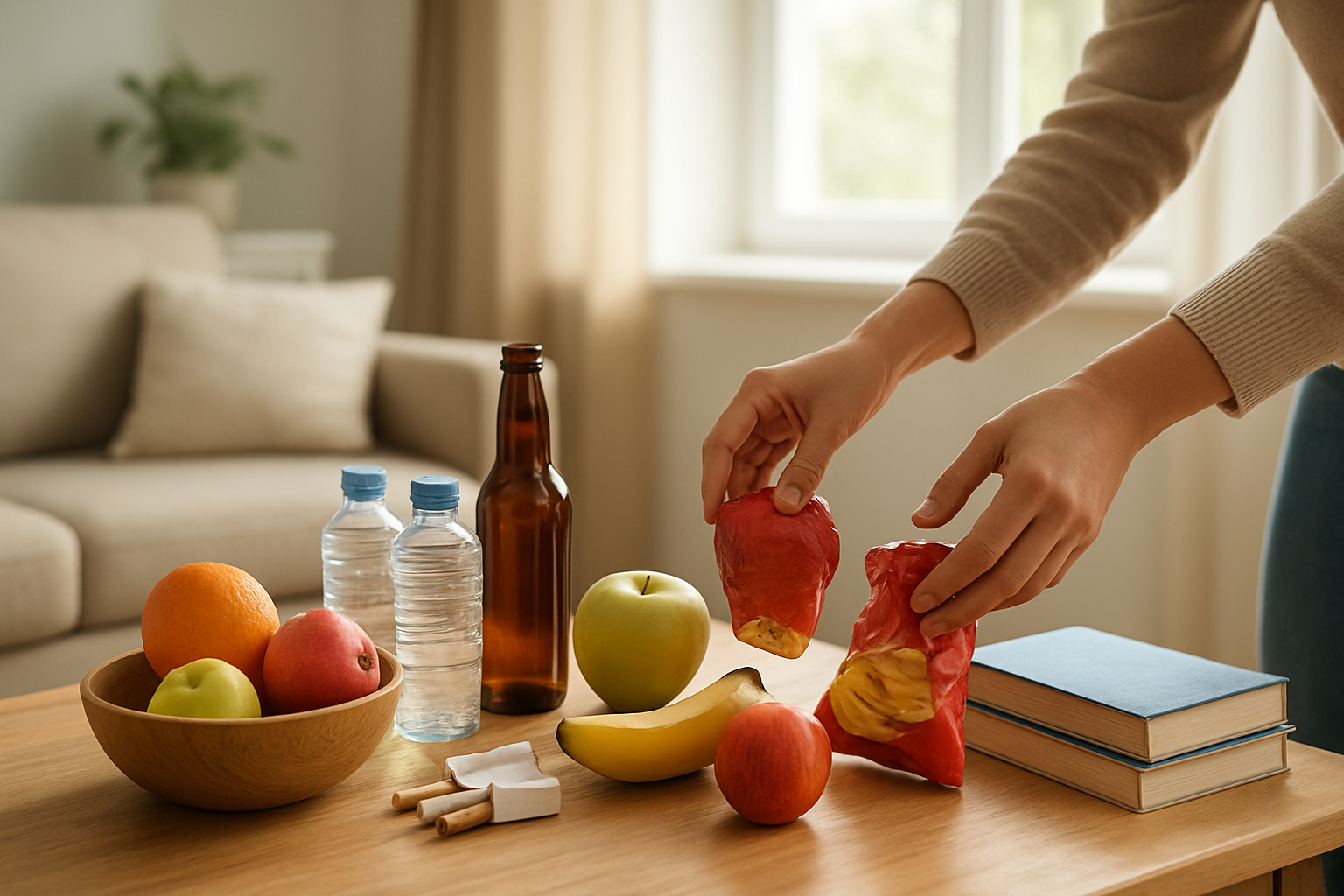 Create a realistic image of a person's hands removing cigarettes, alcohol bottles, and junk food from a clean, organized living space while simultaneously placing healthy alternatives like fresh fruits, water bottles, and books on a wooden table, with bright natural lighting streaming through a window, creating a hopeful and transformative atmosphere in a modern home interior. Absolutely NO text should be in the scene.