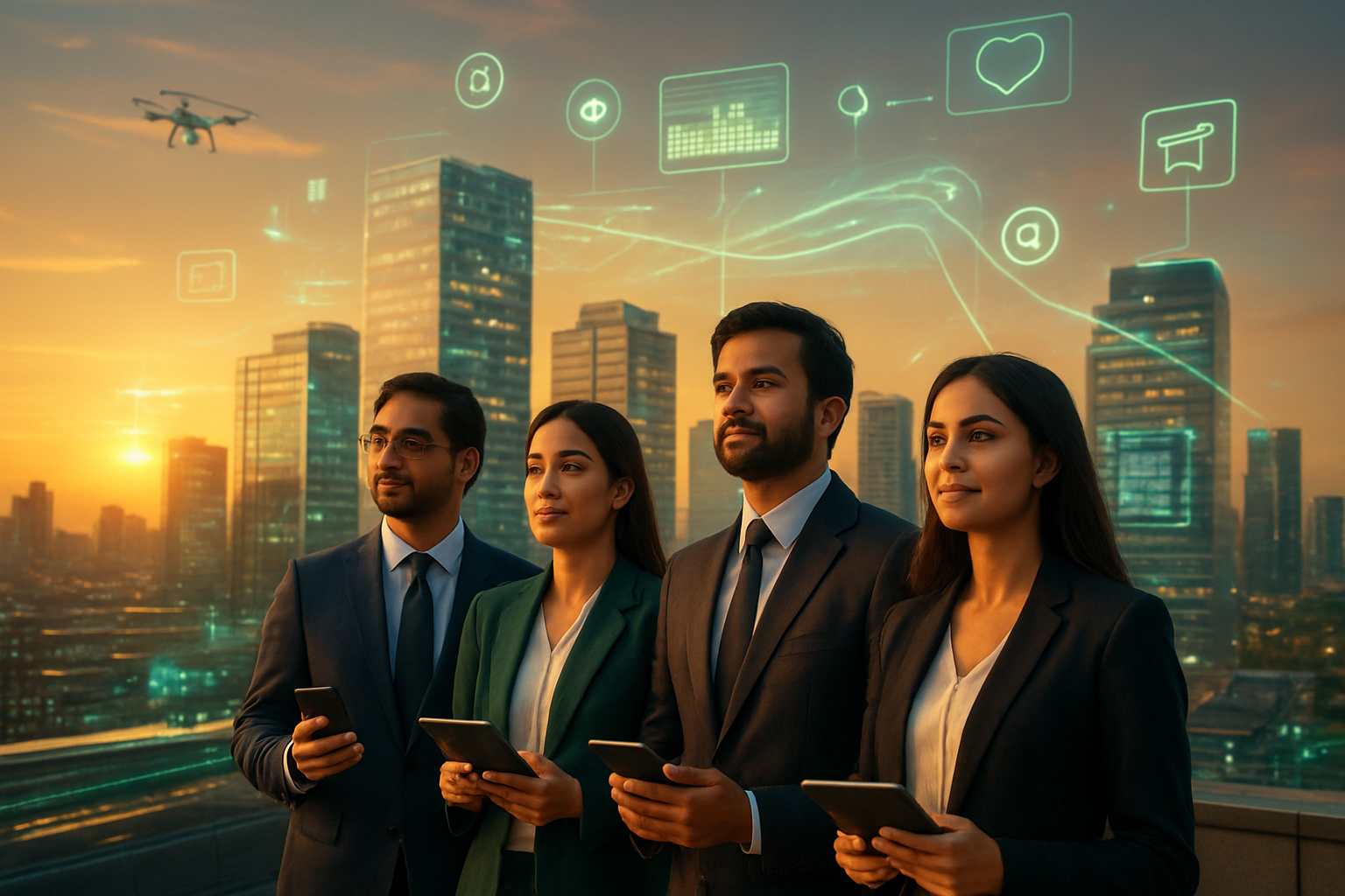 Create a realistic image of a modern Pakistani cityscape at sunset with digital technology elements seamlessly integrated into the urban environment, featuring glowing holographic screens, digital network connections visualized as light streams connecting buildings, floating social media icons and e-commerce symbols in the sky, a diverse group of South Asian male and female professionals in business attire standing on a rooftop terrace looking confidently toward the horizon while holding smartphones and tablets, sleek glass office buildings with LED displays, drone delivery services visible in the distance, fiber optic cables glowing with data flow, warm golden lighting creating an optimistic and forward-looking atmosphere, Pakistan's flag colors subtly reflected in the digital elements, absolutely NO text should be in the scene.