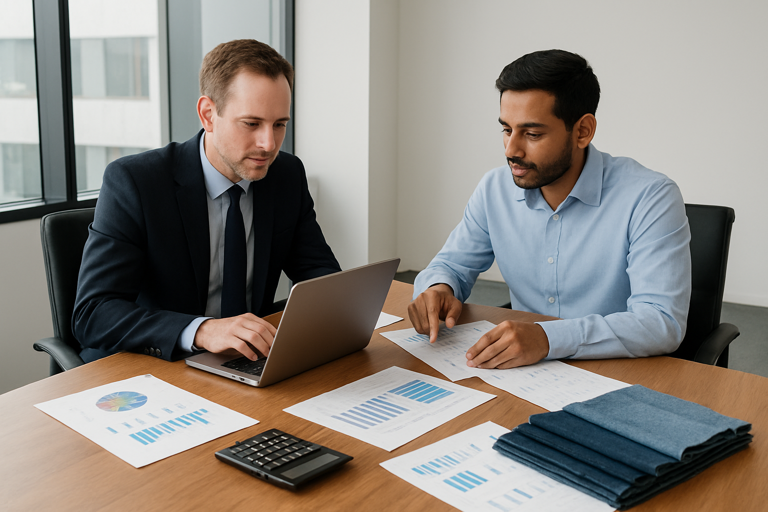 Create a realistic image of a modern office conference room with a large wooden table displaying financial documents, calculators, cost analysis charts, and fabric swatches of denim materials, with a white male business professional in a suit reviewing profit margins on a laptop while a South Asian male manufacturer representative points to cost breakdowns on paper documents, bright natural lighting from large windows, professional corporate atmosphere with clean minimalist background, absolutely NO text should be in the scene.