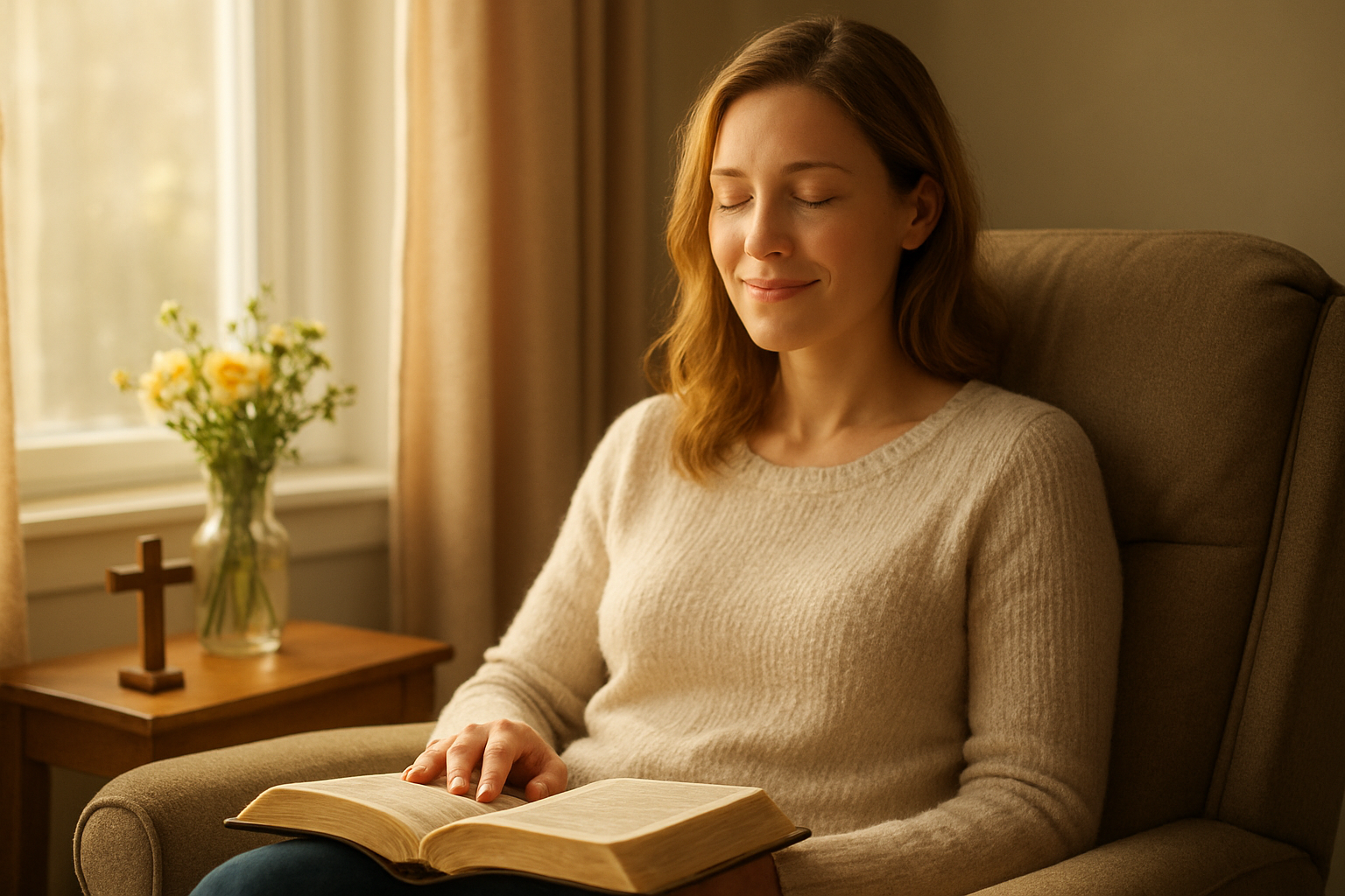 Create a realistic image of a peaceful white Christian woman in her 30s sitting in a comfortable reading chair by a large window with soft morning light streaming in, holding an open Bible in her lap with a gentle smile of contentment, surrounded by a cozy home environment with a small wooden cross on a nearby side table, fresh flowers in a vase, and warm golden lighting that creates a serene atmosphere of spiritual reflection and personal growth, absolutely NO text should be in the scene.