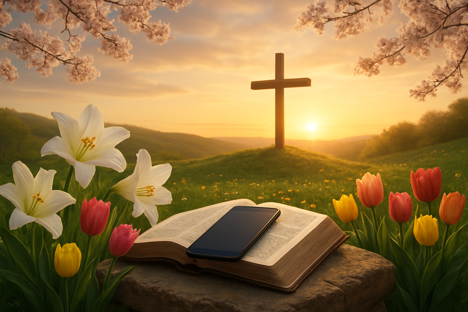 Create a realistic image of a peaceful Easter morning scene featuring a wooden cross on a hill silhouetted against a golden sunrise sky, with blooming spring flowers in the foreground including white lilies and colorful tulips, a smartphone or tablet resting on an open Bible placed on natural stone, cherry blossom branches framing the top of the scene, soft warm lighting creating a hopeful and inspirational atmosphere, with rolling green hills in the background dotted with more spring wildflowers, conveying a sense of faith, renewal, and digital ministry coming together for Easter celebration, absolutely NO text should be in the scene.