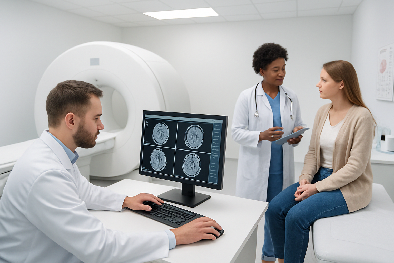 Create a realistic image of a modern medical facility showing an MRI machine in the background with a white male radiologist in a lab coat examining brain scan images on a computer monitor, while a black female doctor discusses diagnostic results with a white female patient sitting on an examination table, the scene should have clean white medical lighting with medical charts and diagnostic equipment visible on nearby surfaces, conveying a professional healthcare environment focused on advanced diagnostic imaging and patient care, absolutely NO text should be in the scene.