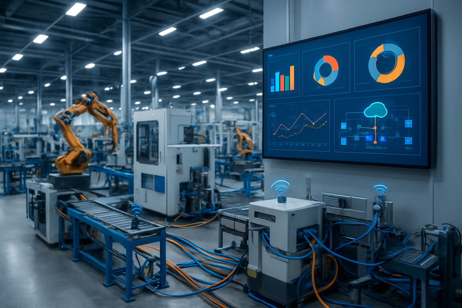 Create a realistic image of a modern industrial factory floor with various manufacturing equipment and machinery connected through visible network cables and wireless sensors, featuring a large wall-mounted digital dashboard displaying colorful data visualization charts and AWS cloud architecture diagrams, with robotic arms and conveyor belts in the background, bright industrial LED lighting illuminating the scene, clean and organized environment with blue and orange accent colors representing connectivity and data flow, absolutely NO text should be in the scene.