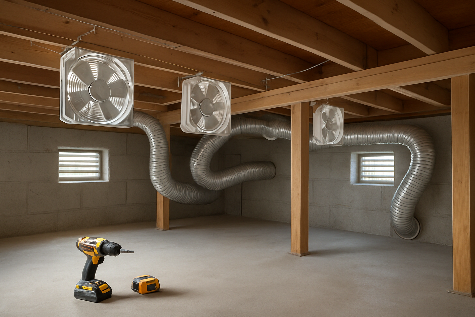 Create a realistic image of a crawl space interior showing ventilation improvements with multiple exhaust fans mounted on wooden joists, air circulation vents installed in foundation walls, flexible ductwork connecting ventilation components, moisture-free concrete floor, clean wooden support beams, proper spacing between components, well-lit environment with natural lighting coming through vents, professional DIY installation setup with tools nearby including drill and measuring tape, organized and accessible crawl space atmosphere. Absolutely NO text should be in the scene.