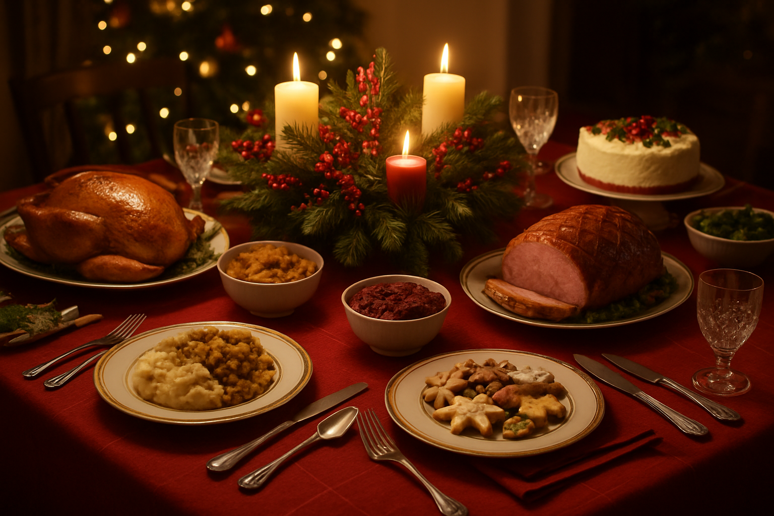 Create a realistic image of an elegant dining table set for Christmas dinner with festive red and gold table settings, fine china plates, crystal glasses, silverware, red cloth napkins, a beautiful Christmas centerpiece with pine branches, red berries, and candles, surrounded by traditional holiday foods including a golden roasted turkey, glazed ham, cranberry sauce, stuffing, mashed potatoes, green vegetables, Christmas cookies, and a festive cake, with warm ambient lighting from candles and soft overhead lighting creating a cozy holiday atmosphere, absolutely NO text should be in the scene.