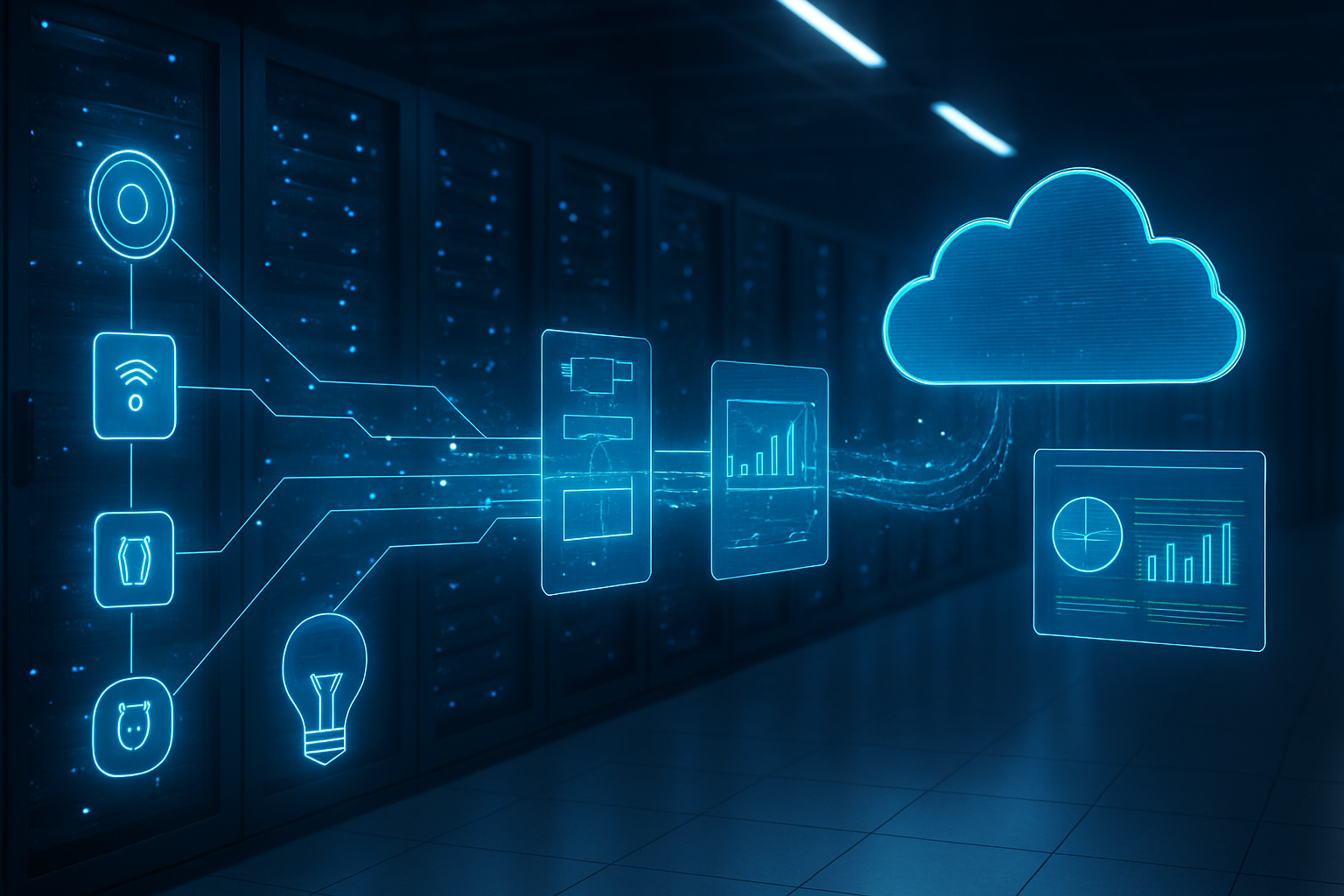 Create a realistic image of a modern data center environment showing AWS cloud infrastructure with multiple server racks in the background, featuring interconnected IoT devices like sensors and smart devices on the left side connected by glowing data flow lines to cloud servers on the right side, with holographic data pipeline visualizations showing data transformation stages floating in the air between the devices and servers, cool blue and white lighting throughout the scene creating a high-tech atmosphere, digital data streams represented as flowing light particles moving from IoT devices through processing nodes to analytics dashboards displayed on floating transparent screens, absolutely NO text should be in the scene.