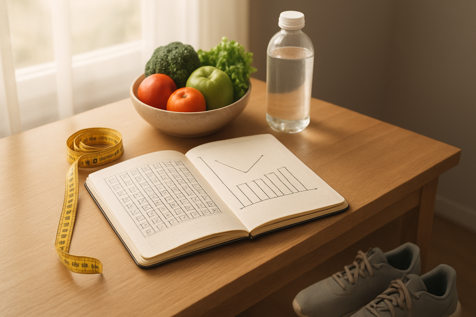 Create a realistic image of a peaceful home setting showing a clean wooden desk with a completed goal-tracking journal open to pages filled with checkmarks and progress charts, a measuring tape neatly coiled nearby, fresh fruits and vegetables in a bowl, a water bottle, and comfortable athletic shoes placed on the floor beside the desk, with soft natural lighting streaming through a window in the background creating a warm and accomplished atmosphere that represents successful weight loss goal achievement and sustainable healthy habits, absolutely NO text should be in the scene.