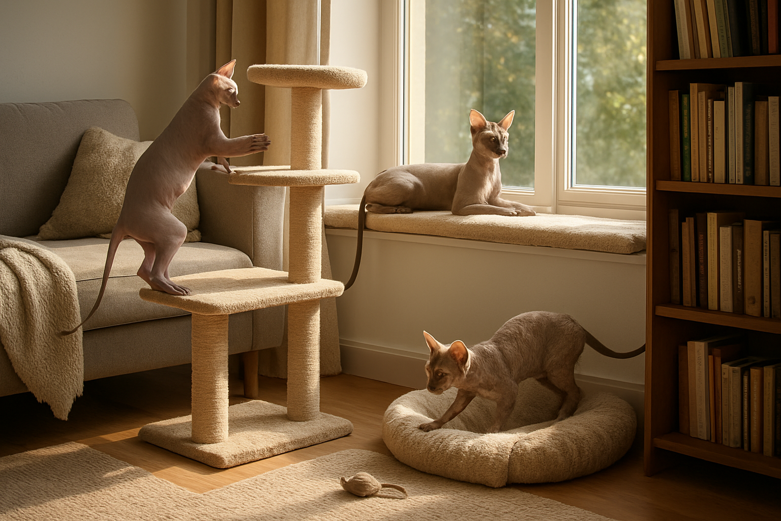Create a realistic image of a comfortable modern living room interior showcasing multiple hairless cat breeds displaying various personality traits, with a Sphynx cat playfully climbing a cat tree, a Peterbald cat calmly lounging on a sunny windowsill, and a Devon Rex cat curiously exploring a cozy reading nook with bookshelves, featuring warm natural lighting streaming through large windows, soft textures like plush cushions and throws, cat-friendly furniture and toys scattered around, creating a welcoming home environment that demonstrates the living requirements and behavioral characteristics of hairless cats, absolutely NO text should be in the scene.