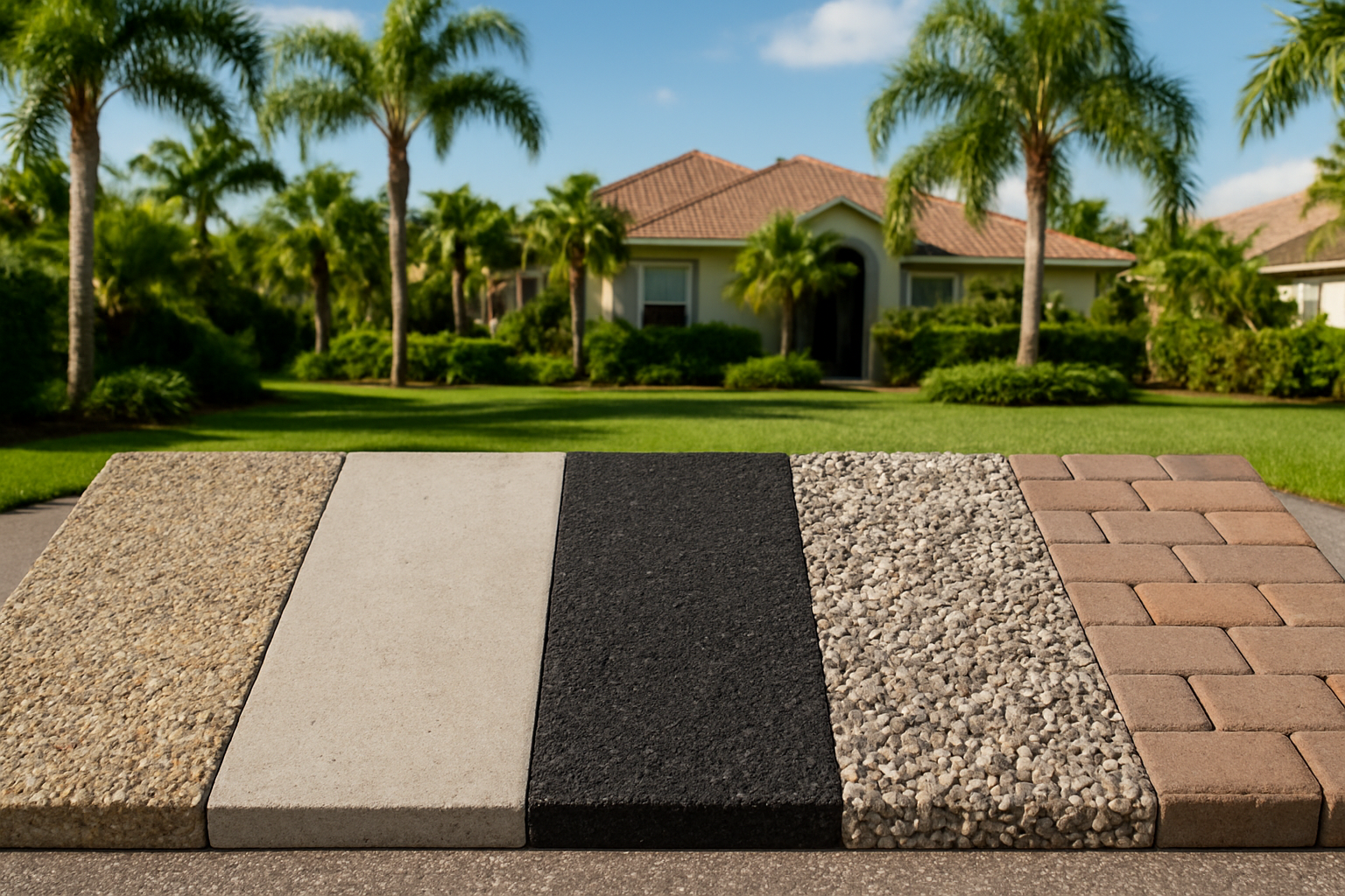 Create a realistic image of multiple driveway material samples arranged side by side for comparison, featuring exposed aggregate concrete, standard concrete, asphalt, gravel, and pavers, each section clearly showing different textures and finishes, set against a suburban Florida residential background with palm trees and lush green landscaping, bright natural daylight illuminating the various surfaces to highlight their distinct characteristics and color variations, with a clean organized layout that emphasizes the material comparison aspect, absolutely NO text should be in the scene.
