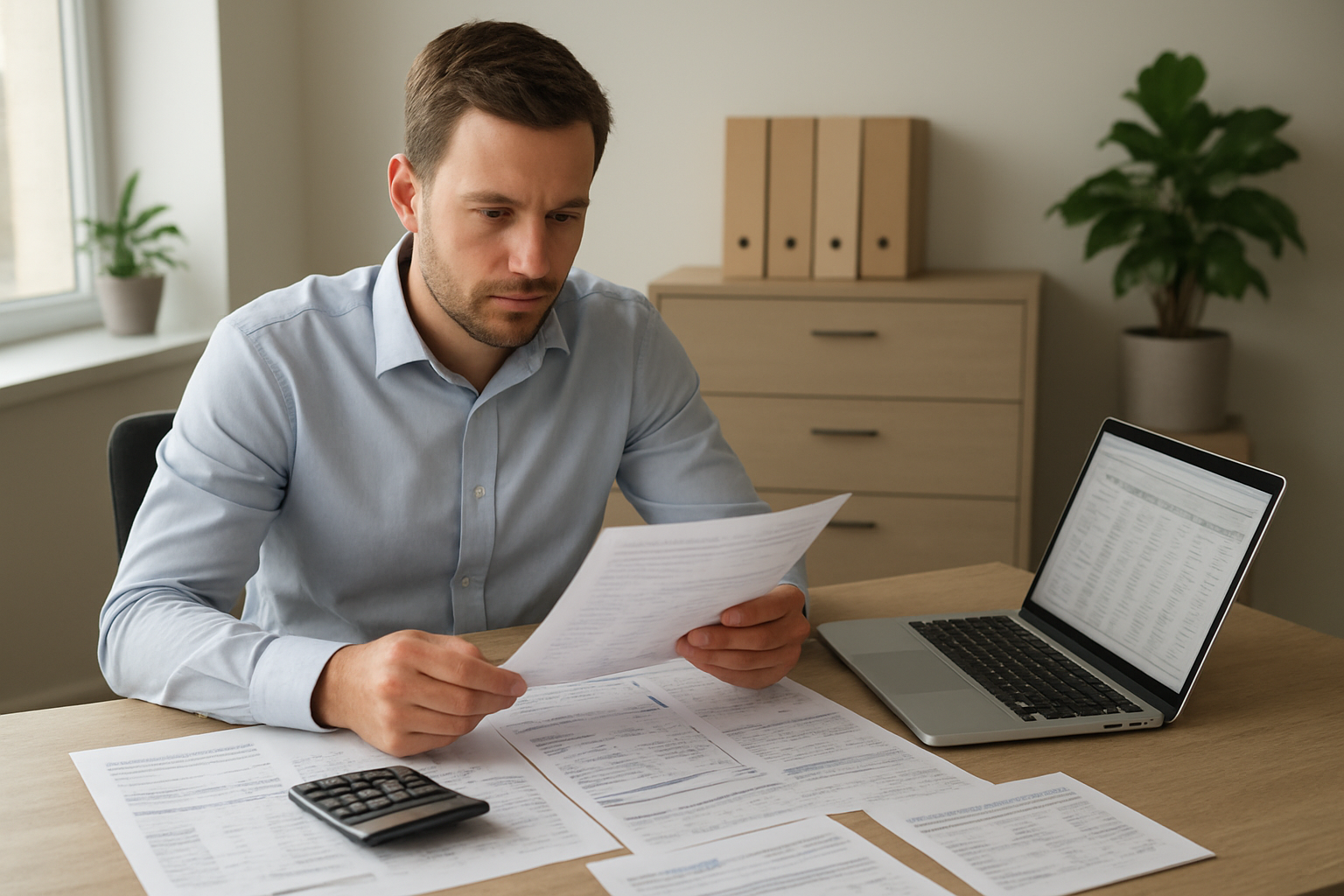 Create a realistic image of a white male professional in his 30s sitting at a modern desk with multiple financial documents spread out, including pay stubs, bank statements, and investment reports, with a laptop computer open showing a spreadsheet, calculator nearby, organized filing folders in the background, warm natural lighting from a window, clean office environment with plants, professional and focused atmosphere. Absolutely NO text should be in the scene.