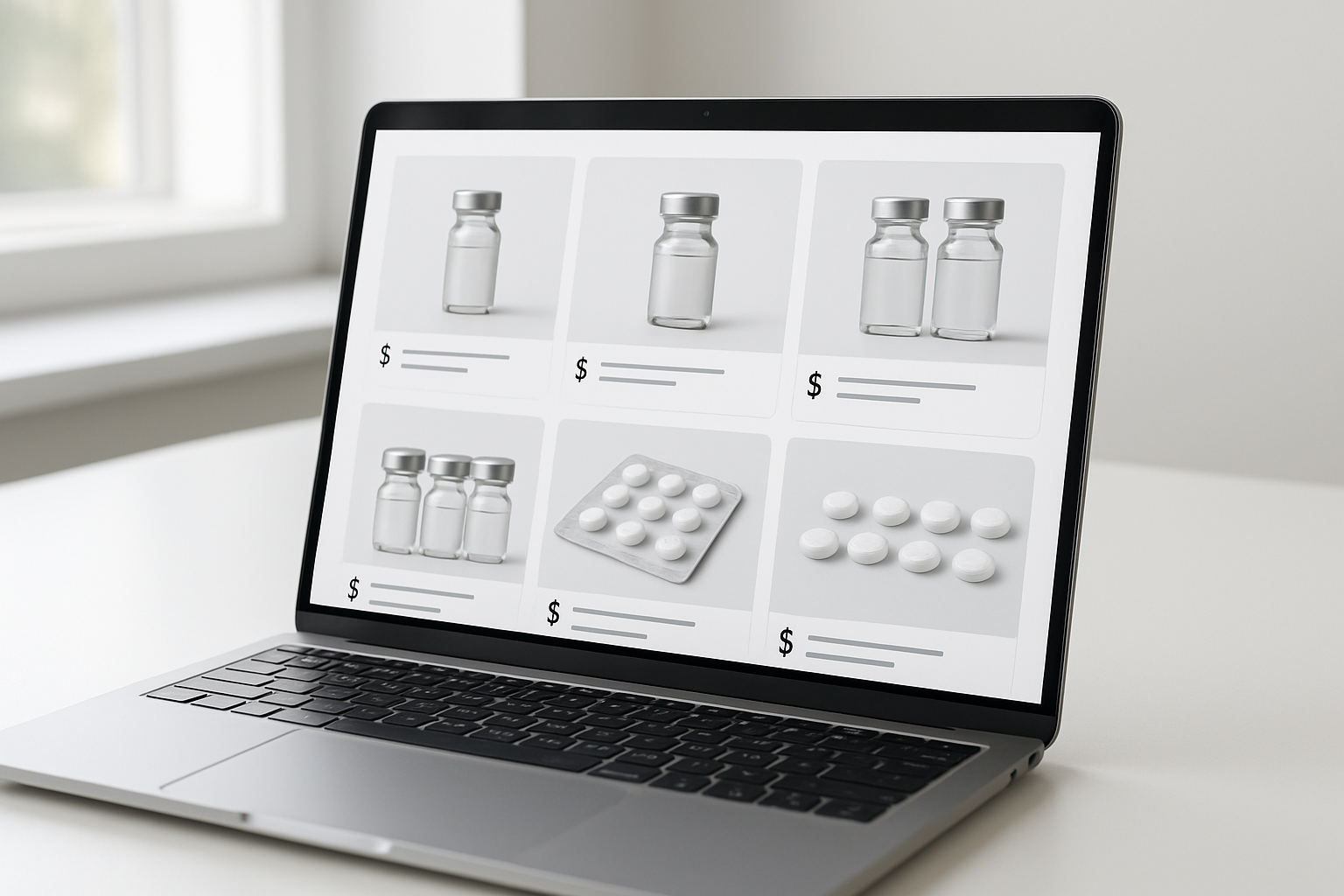 5 Best Places to Buy 1P LSD Online USA with Discreet Shipping and Quality Guarantee - Psychedelic Today Create A Realistic Image Of A Clean, Modern E-Commerce Website Interface Displayed On A Laptop Screen Showing Various Product Listings With Different Pricing Tiers And Package Options, Featuring Small Vials And Tablets Arranged In Different Quantities, With Price Tags And Product Variations Clearly Visible, Set Against A Minimalist White Desk Background With Soft Natural Lighting From A Nearby Window, Absolutely No Text Should Be In The Scene.