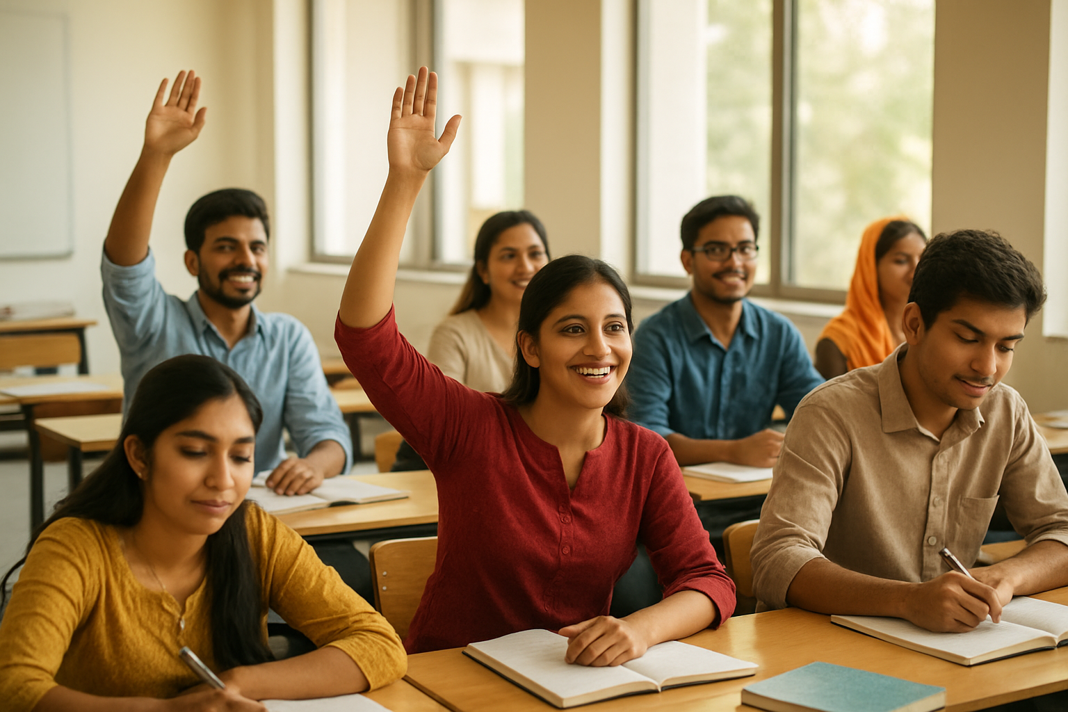 Create a realistic image of diverse Indian students including both male and female students of various backgrounds sitting at desks in a bright, modern classroom, with some students raising hands enthusiastically while others are writing in notebooks, books and educational materials scattered on desks, warm natural lighting streaming through large windows, creating an atmosphere of academic achievement and opportunity, with a teacher's desk visible in the background, absolutely NO text should be in the scene.