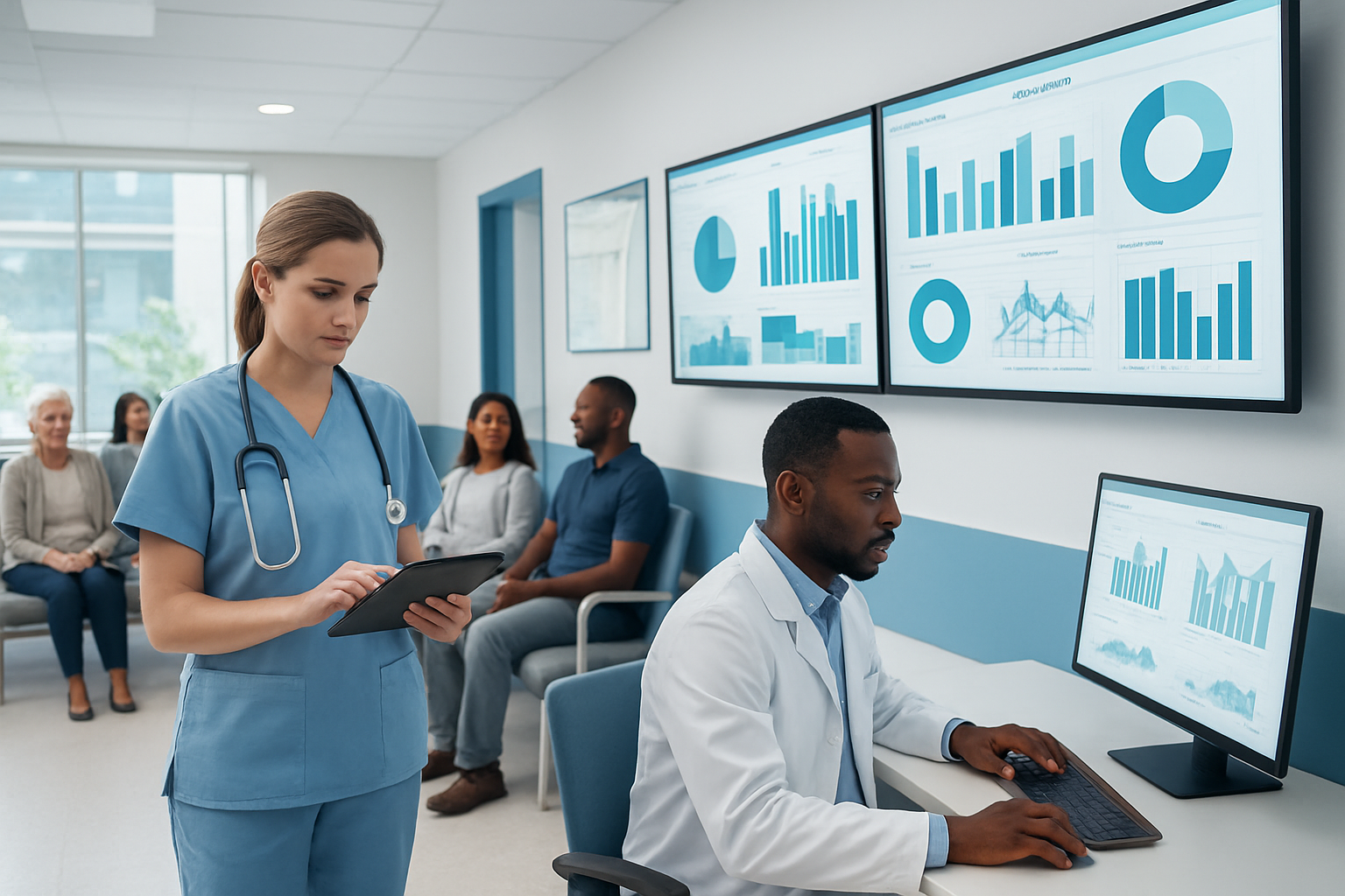 Create a realistic image of a modern hospital interior showing patient satisfaction survey charts and quality metrics dashboards displayed on wall-mounted monitors, with a diverse group including a white female nurse reviewing patient feedback on a tablet, a black male doctor examining quality reports at a sleek workstation, comfortable patient seating areas with satisfied patients of various ethnicities in the background, clean white and blue color scheme with natural lighting from large windows, professional healthcare environment emphasizing excellence in patient care, absolutely NO text should be in the scene.