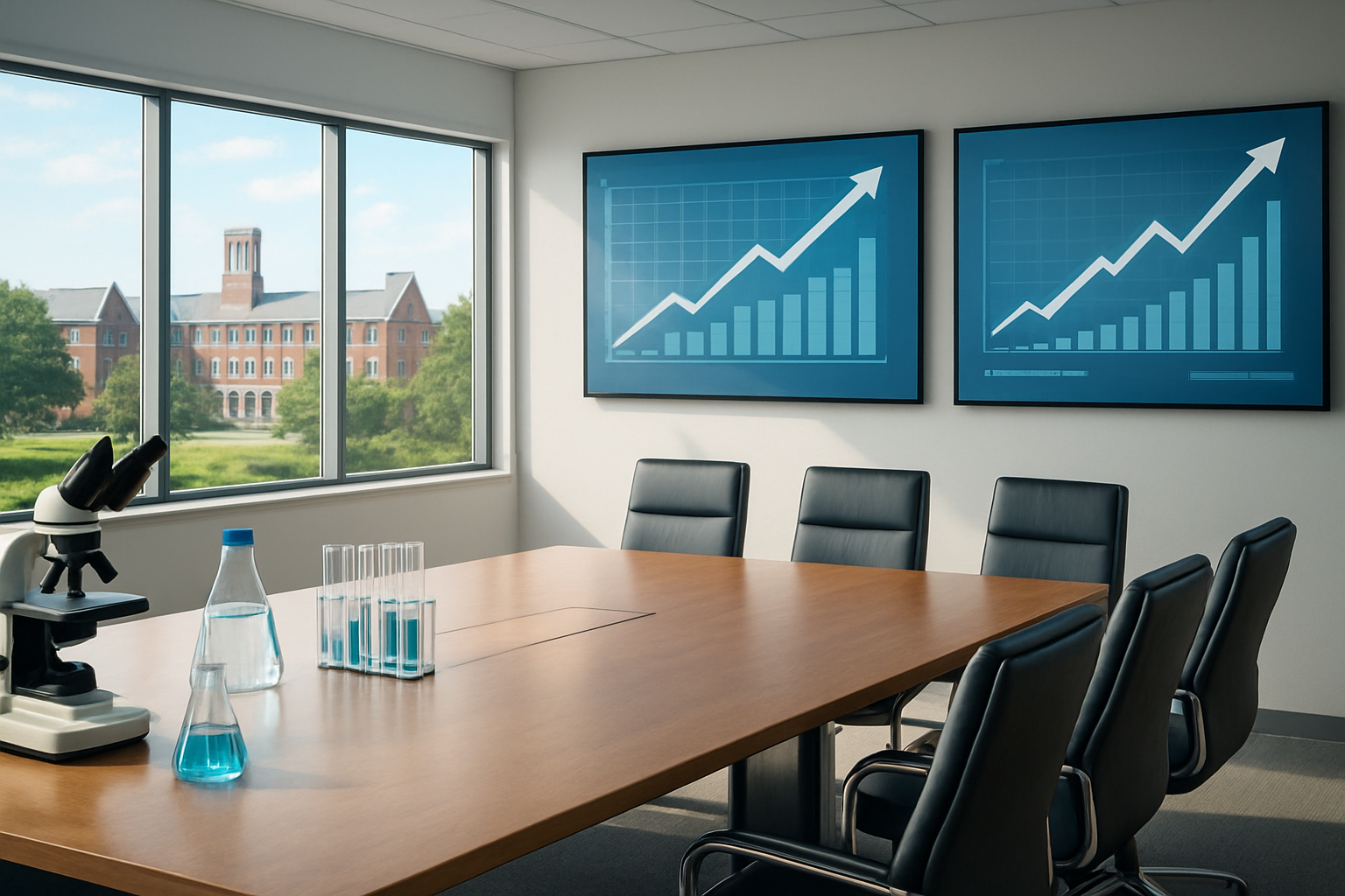 Create a realistic image of a modern conference room with three distinct sections showing successful biopharma partnerships: laboratory equipment and research tools on one side, university campus buildings visible through large windows, and CRO facilities in the background, with upward trending arrow graphics and success metrics displayed on wall monitors, bright natural lighting streaming through windows creating a professional and optimistic atmosphere, absolutely NO text should be in the scene.