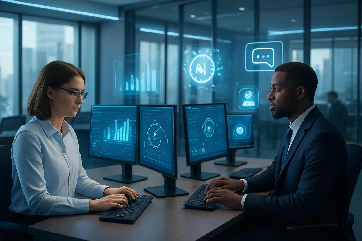 Create a realistic image of a modern banking office environment showcasing generative AI applications, featuring a diverse group of professionals including a white female data scientist and a black male banker working at sleek workstations with multiple monitors displaying AI-powered analytics dashboards, holographic data visualizations floating above the desks, robotic process automation symbols, customer service chatbot interfaces, and risk assessment algorithms, set against a sophisticated glass-walled office with city skyline views, soft natural lighting combined with blue-tinted LED accents creating a futuristic yet professional atmosphere, absolutely NO text should be in the scene.