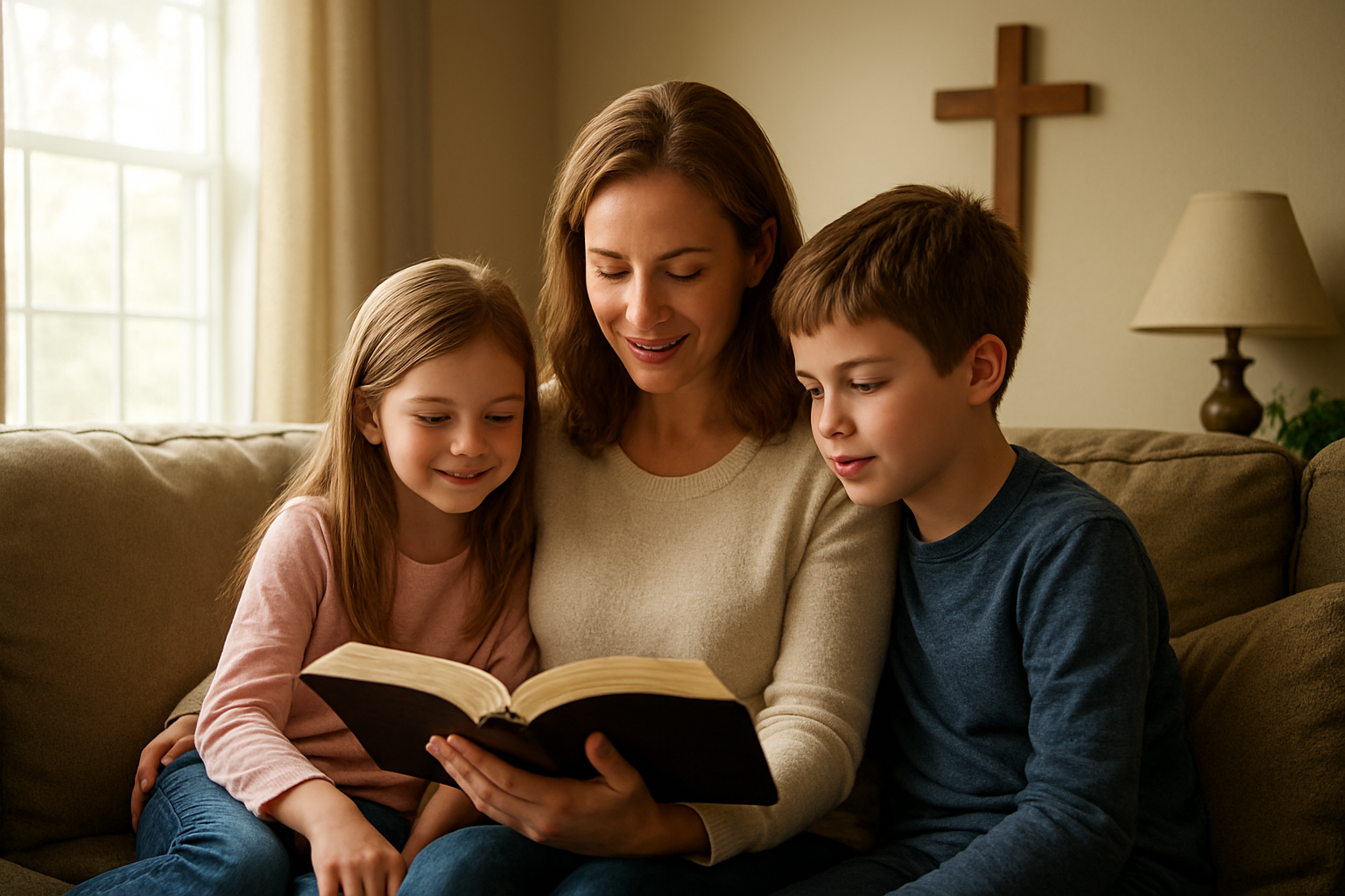 Create a realistic image of a warm, inviting living room scene where a loving white female mother sits on a comfortable couch reading a Bible with her two children - a young white girl and boy aged 6-10 years old - gathered closely beside her, with soft natural lighting streaming through a window, a wooden cross visible on the wall in the background, and a peaceful, nurturing atmosphere that conveys spiritual guidance and family bonding, absolutely NO text should be in the scene.