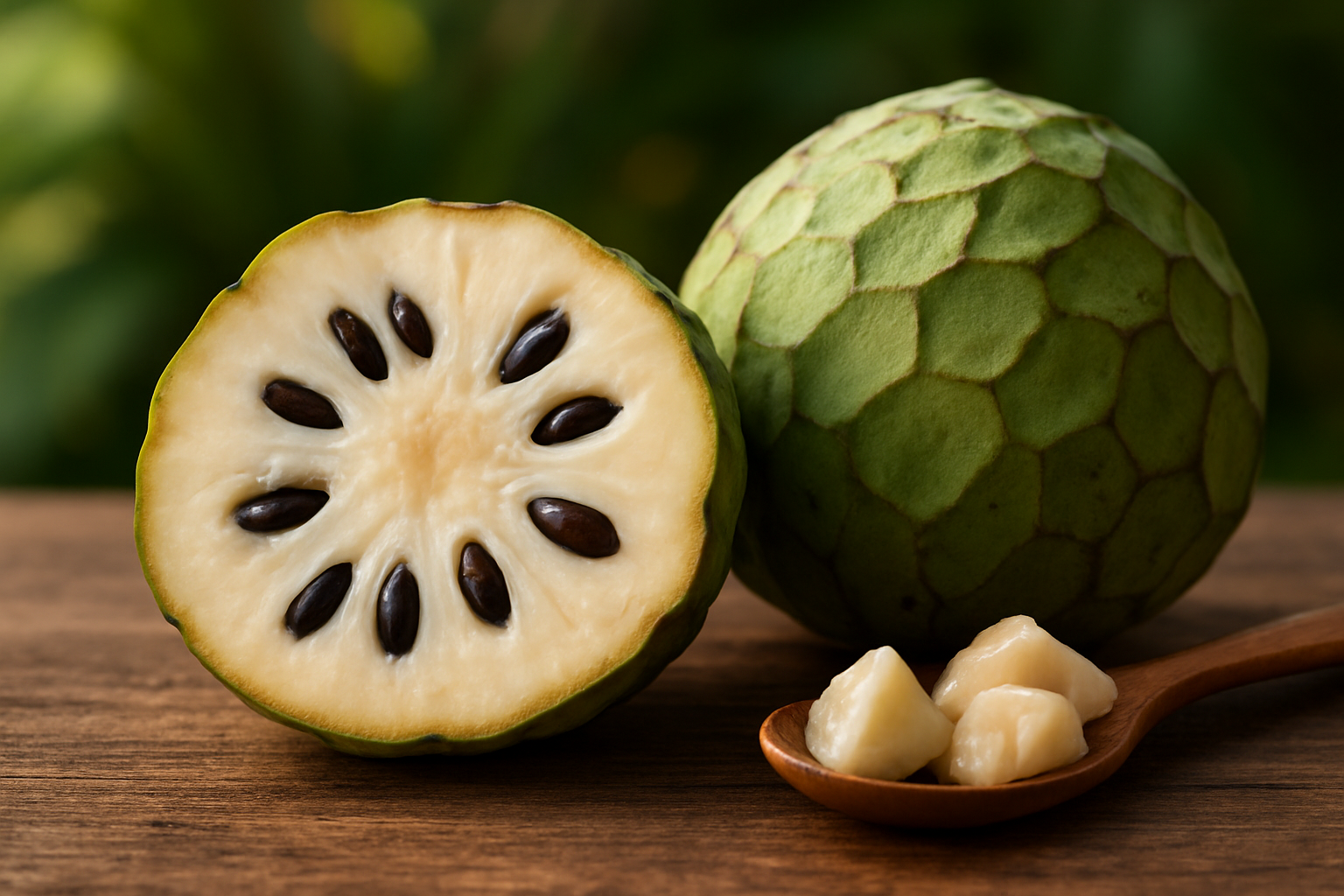 Create a realistic image of a halved cherimoya fruit prominently displayed in the foreground showing its creamy white flesh with dark seeds, alongside a whole cherimoya with its distinctive green scaly skin, placed on a rustic wooden surface with soft natural lighting highlighting the fruit's unique custard-like texture and creamy interior, surrounded by a few scattered cherimoya segments on a small wooden spoon to emphasize the eating experience, with a blurred tropical background suggesting freshness and exotic appeal, captured in warm natural tones that emphasize the fruit's appealing texture and inviting appearance, absolutely NO text should be in the scene.