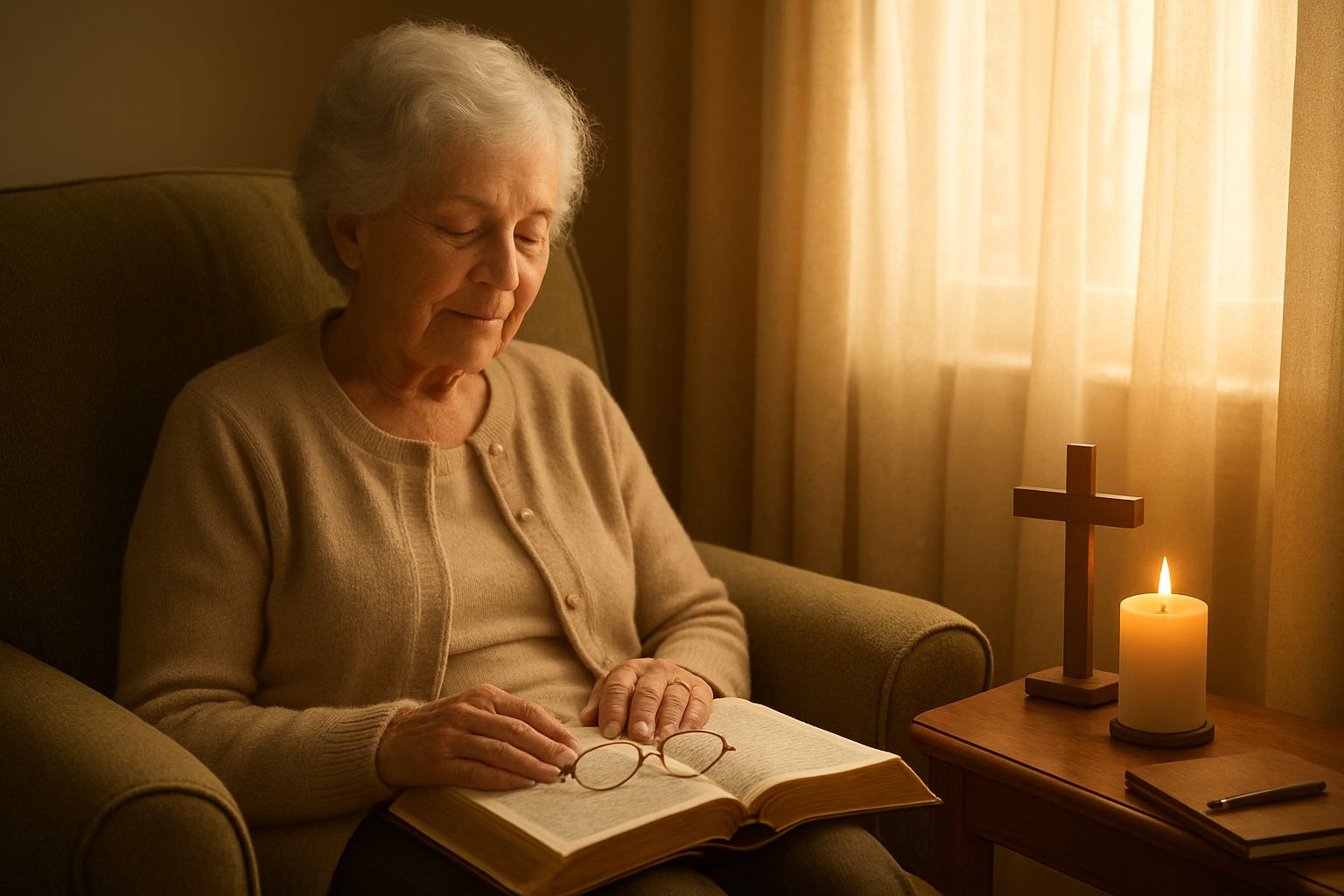 Create a realistic image of an elderly white female sitting peacefully in a comfortable armchair by a sunlit window, holding an open Bible in her lap with reading glasses resting on the pages, a wooden cross and lit candle on a small side table next to her, soft morning light streaming through sheer curtains creating a serene and contemplative atmosphere, with a journal and pen nearby suggesting regular spiritual practice and reflection, warm golden lighting emphasizing the tranquil mood of personal devotion and spiritual discipline, absolutely NO text should be in the scene.