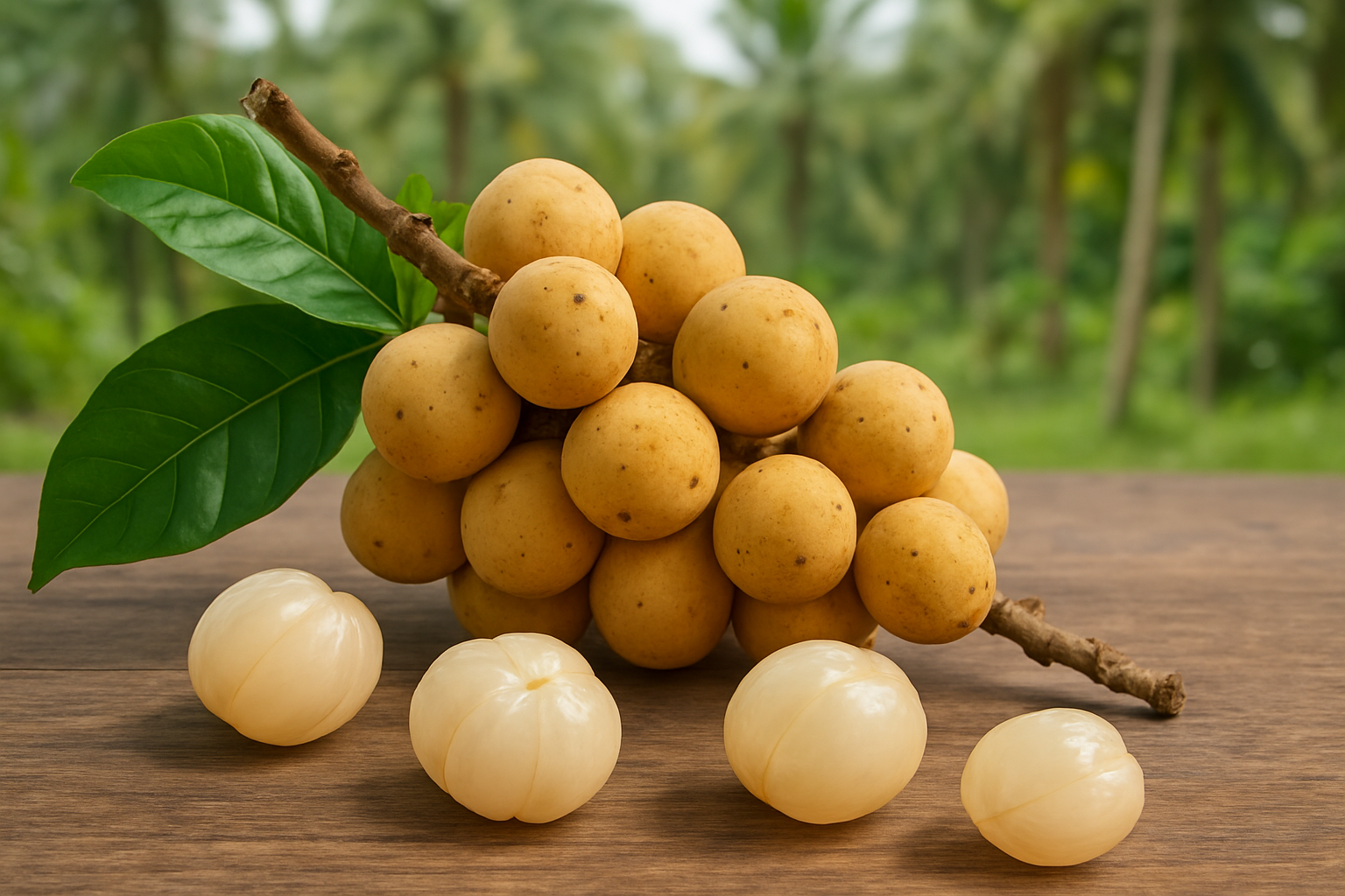 Create a realistic image of fresh langsat fruits arranged on a wooden surface, showing both whole clusters on branches with green leaves and individual peeled fruits revealing their translucent white flesh, with a tropical Southeast Asian plantation blurred in the background, natural daylight lighting creating soft shadows, emphasizing the fruit's small round yellow-brown skin and grape-like clustering pattern on the branch, absolutely NO text should be in the scene.