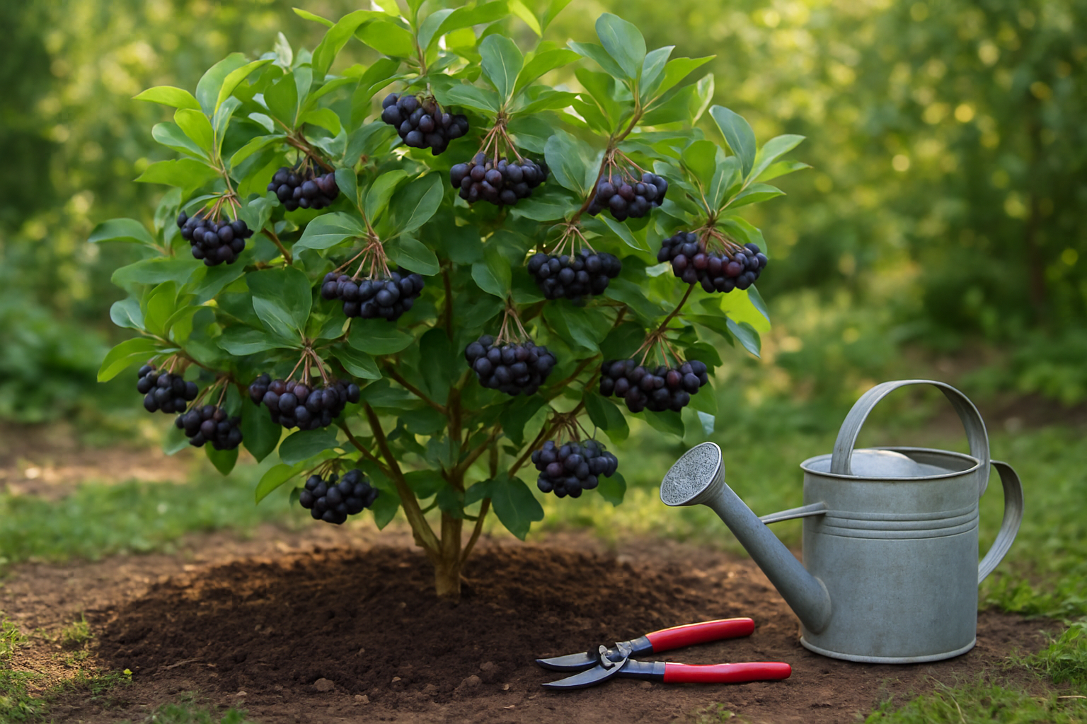 Create a realistic image of a thriving purple chokeberry bush in a garden setting with clusters of dark purple berries hanging from branches, healthy green foliage, well-maintained soil around the base, soft natural lighting filtering through nearby trees, gardening tools like pruning shears and a watering can placed nearby on the ground, showing signs of successful cultivation and care. Absolutely NO text should be in the scene.