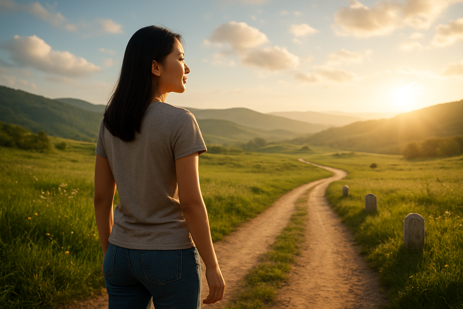 Create a realistic image of a confident Asian female standing at the edge of a winding path that stretches toward a bright horizon, with her back partially turned to the camera showing forward movement, wearing casual modern clothing, surrounded by a serene landscape with rolling hills and morning sunlight breaking through soft clouds, scattered milestone markers along the path in the distance, lush green grass and wildflowers on either side of the trail, warm golden lighting creating an optimistic and hopeful atmosphere, clear blue sky with gentle white clouds, the scene conveying achievement, new beginnings, and successful completion of a transformative journey, absolutely NO text should be in the scene.