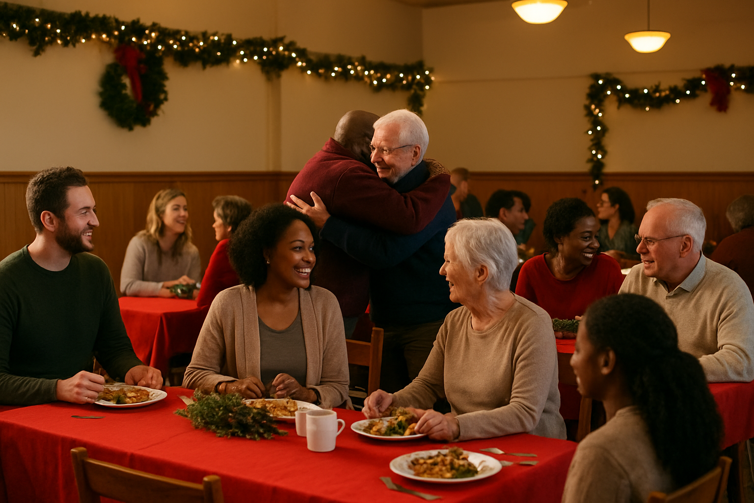 Create a realistic image of a diverse group of people including white and black males and females of various ages gathered in a warm church fellowship hall during Christmas season, with people sitting around decorated tables sharing meals and conversation, Christmas decorations including garlands and warm lighting creating a cozy atmosphere, some people embracing in friendly greetings while others are seated enjoying food together, wooden chairs and tables with festive red tablecloths, soft golden lighting from overhead fixtures, absolutely NO text should be in the scene.
