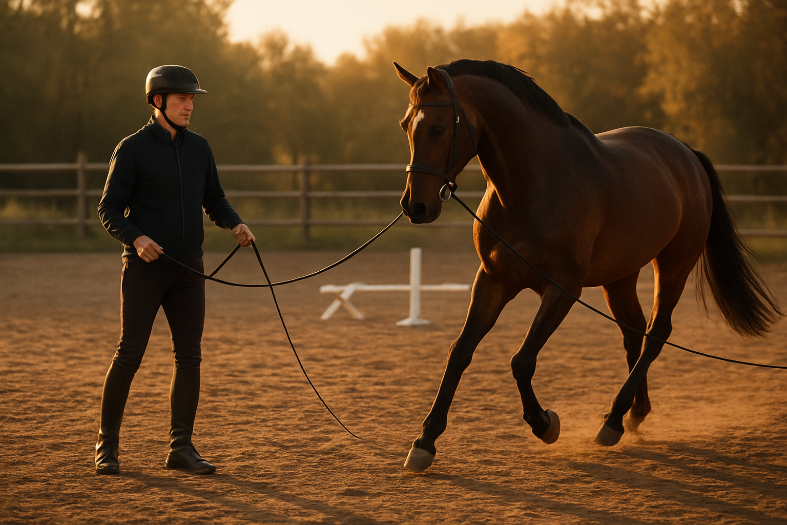 Create a realistic image of a professional horse trainer, a white male in his 40s wearing riding boots and a helmet, working with a beautiful BK horse in a fenced training arena, the trainer is holding training equipment including a lunge line and whip, the horse is performing a controlled trot in a circle around the trainer, the scene is set during golden hour with warm natural lighting casting long shadows across the sandy arena ground, wooden fence posts and rails are visible in the background along with some basic training obstacles, the atmosphere conveys focused concentration and partnership between horse and trainer, absolutely NO text should be in the scene.