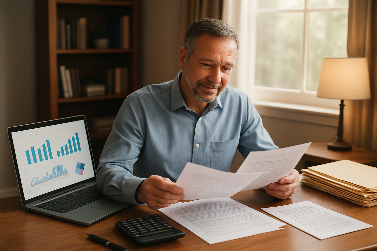 Create a realistic image of a middle-aged white male sitting at a wooden desk reviewing financial documents and estate planning papers, with a laptop computer open showing charts and graphs, a calculator, pen, and organized file folders nearby, warm natural lighting from a window creating a professional yet comfortable home office atmosphere, conveying accomplishment and financial security planning, absolutely NO text should be in the scene.