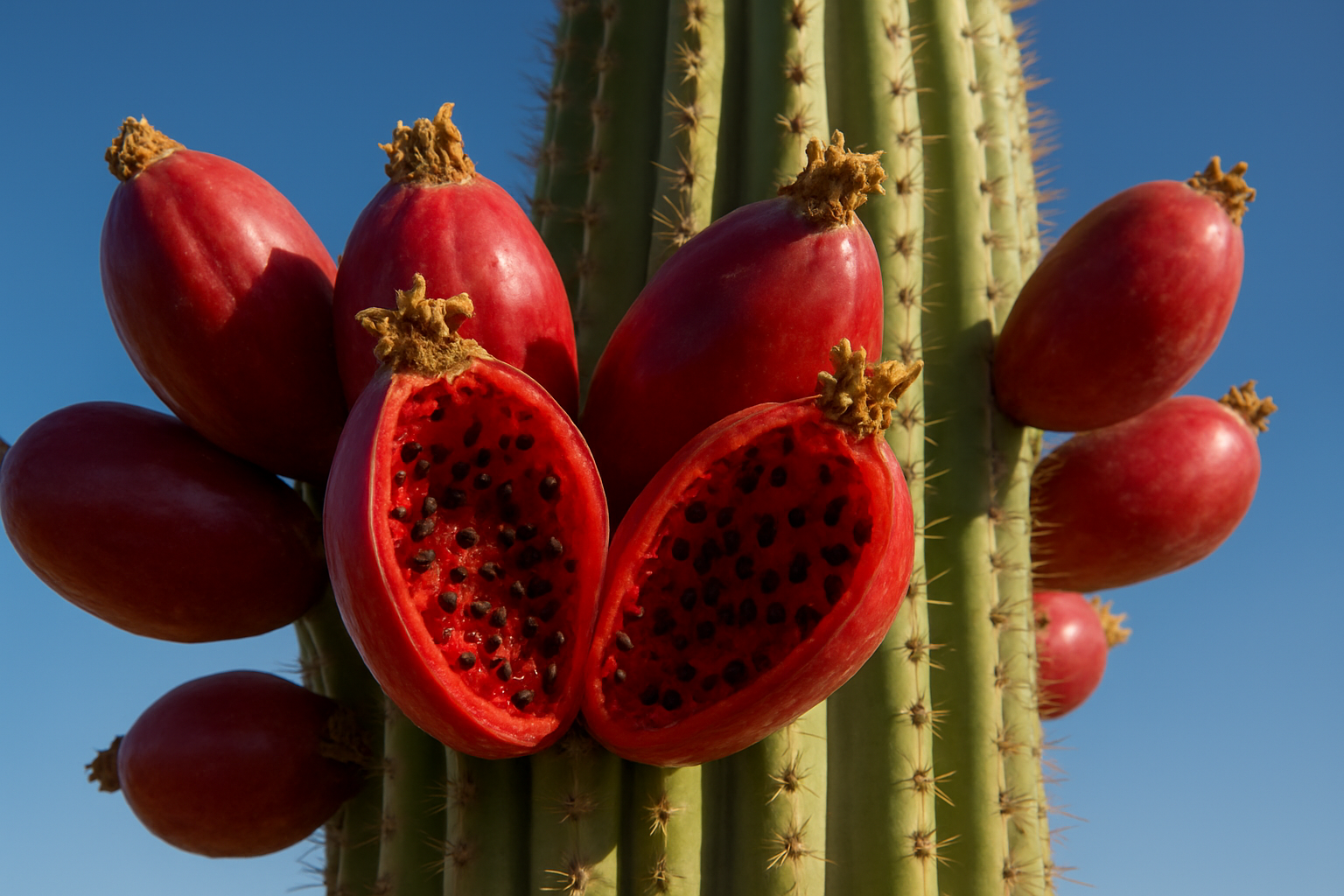 Create a realistic image of ripe saguaro cactus fruits in close-up detail, showing their distinctive bright red oval-shaped exterior with a waxy texture, some fruits split open to reveal the bright red fleshy interior filled with small black seeds, attached to the green ribbed arms of a tall saguaro cactus against a clear blue desert sky, with warm natural sunlight highlighting the glossy surface and unique crown-like opening where the fruits split, showcasing the remarkable size difference between the large fruits and tiny seeds, captured from a low angle to emphasize the towering height of the saguaro, absolutely NO text should be in the scene.