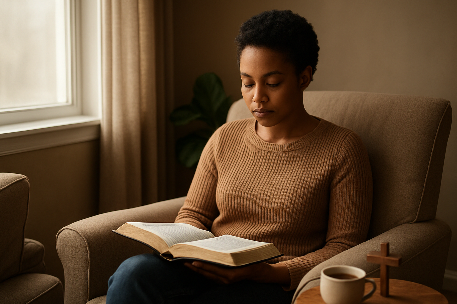 Create a realistic image of a peaceful indoor scene showing a young black female sitting in a comfortable chair by a window with soft natural light streaming in, holding an open Bible in her hands while looking down at it thoughtfully, with a small wooden cross and a cup of tea on a side table nearby, surrounded by a cozy living room setting with warm earth tones, capturing a serene and contemplative mood that conveys spiritual devotion and personal reflection, absolutely NO text should be in the scene.