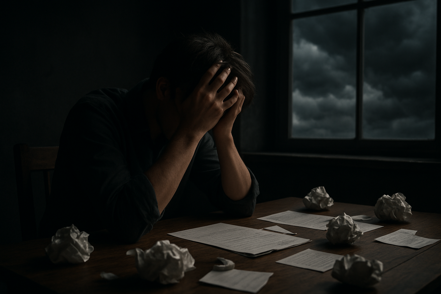 Create a realistic image of a person with their head in their hands sitting at a desk, surrounded by crumpled paper and scattered notes, with dark storm clouds visible through a window in the background, moody lighting with shadows cast across the scene, representing mental struggle and overthinking, absolutely NO text should be in the scene.
