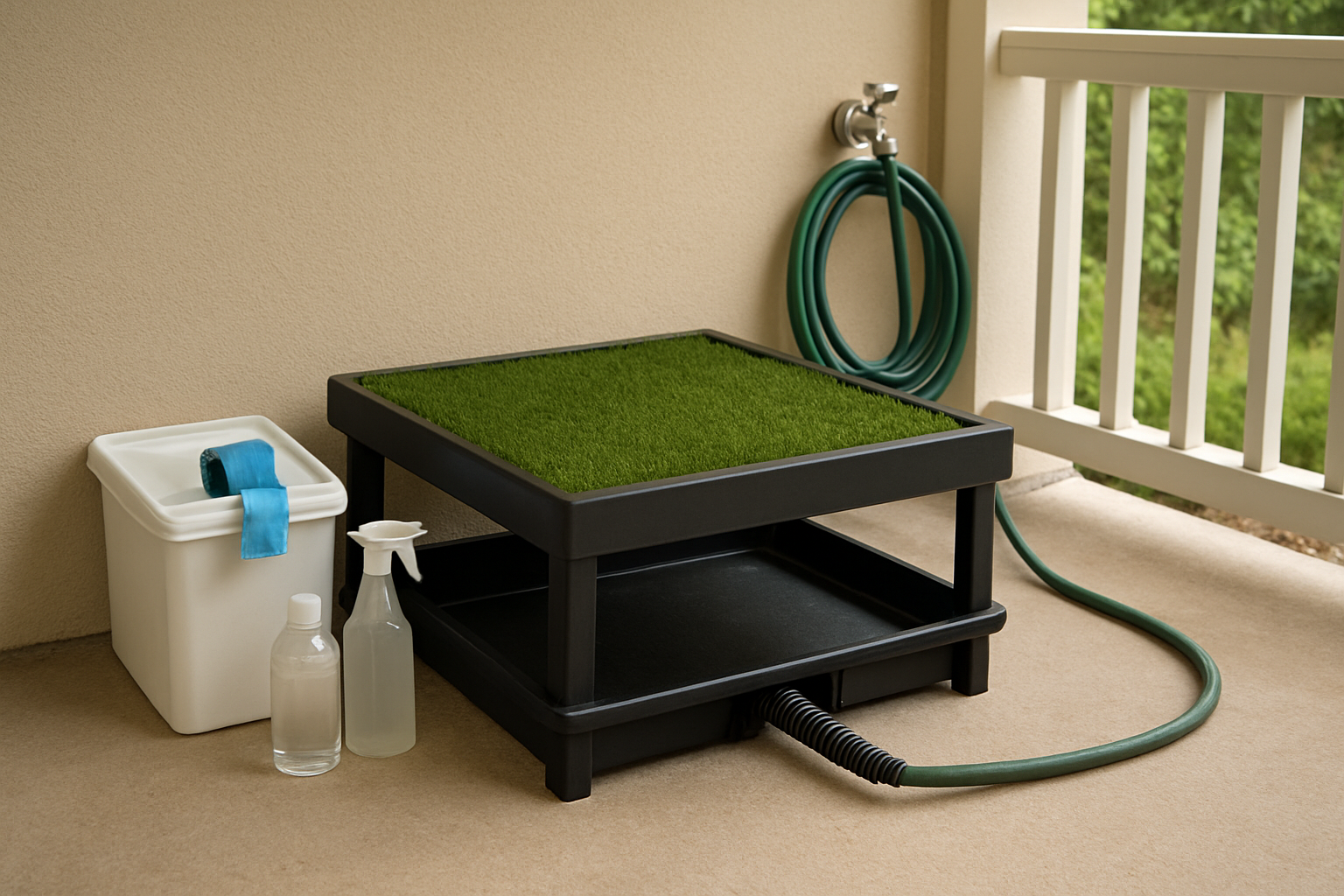 Create a realistic image of a detailed porch potty system setup showing the main components including a raised outdoor dog toilet platform with artificial grass surface, drainage system underneath, cleaning supplies nearby, water hose for maintenance, and a small storage container for waste bags, all arranged on a covered residential porch or balcony with natural lighting, focusing on the technical aspects and individual parts that make up the complete system. Absolutely NO text should be in the scene.