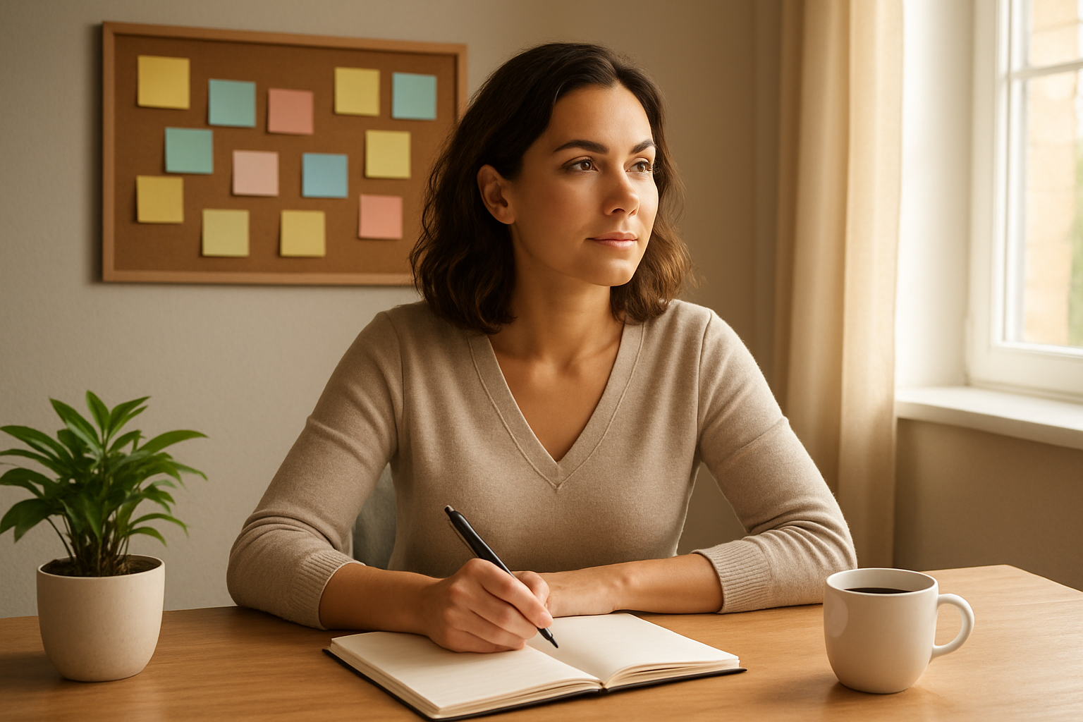 Create a realistic image of a confident white woman in her 30s sitting at a clean wooden desk with an open notebook and pen in hand, thoughtfully planning her goals, surrounded by motivational elements like a small potted plant, a cup of coffee, and a vision board with colorful sticky notes on the wall behind her, in a bright, naturally lit home office space with warm sunlight streaming through a window, conveying focus, determination, and personal empowerment. Absolutely NO text should be in the scene.