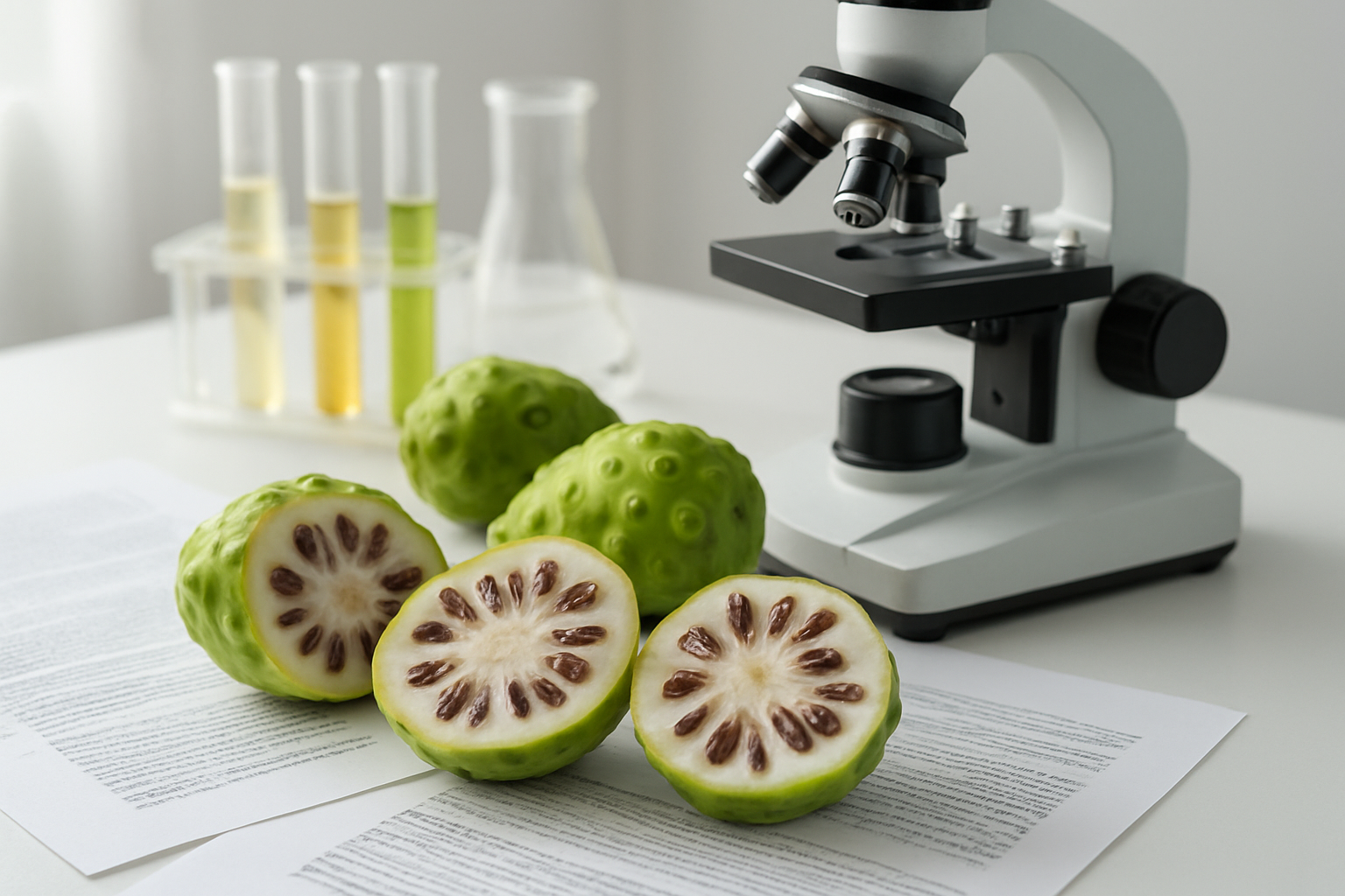 Create a realistic image of fresh noni fruits cut in half displaying their white flesh and seeds alongside scientific research elements including a microscope, test tubes with natural extracts, medical research papers scattered on a clean laboratory table, with soft natural lighting highlighting the textural details of the fruit and creating a professional scientific atmosphere that conveys health research and botanical study, absolutely NO text should be in the scene.