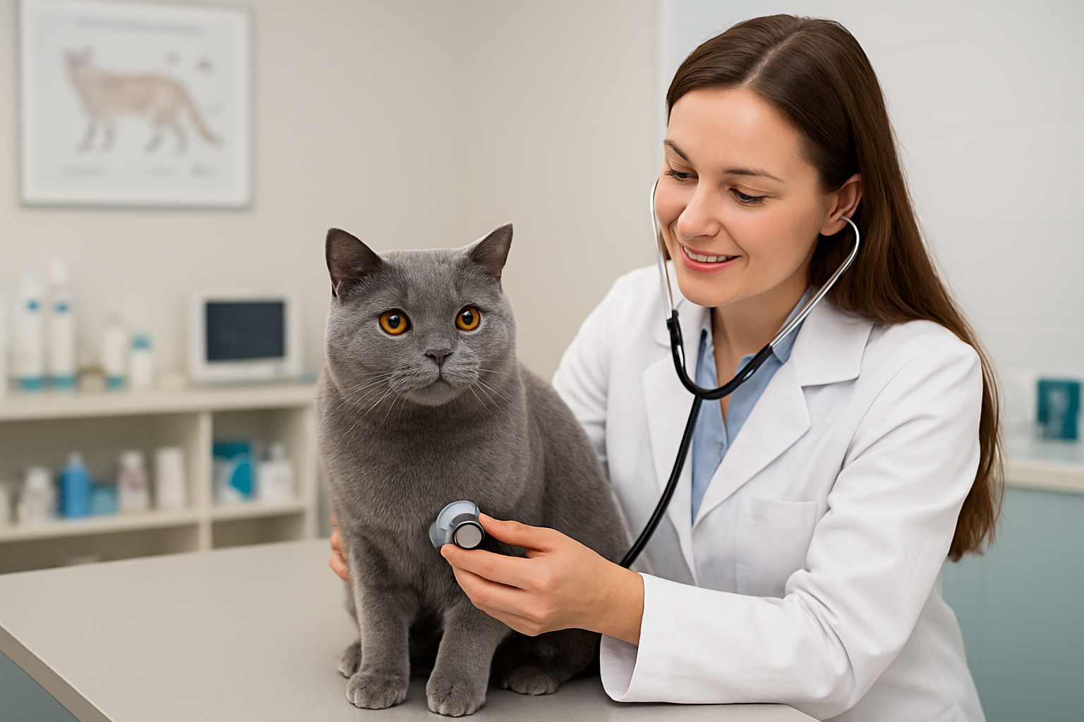 Create a realistic image of a British Shorthair cat with gray-blue fur sitting on a veterinary examination table in a modern veterinary clinic, with a white female veterinarian in a white coat using a stethoscope to examine the cat, medical charts and health monitoring equipment visible in the background, warm professional lighting creating a caring healthcare atmosphere, the cat appearing calm and healthy while receiving a routine health checkup, clean white and light blue clinical interior with medical supplies on nearby shelves, absolutely NO text should be in the scene.