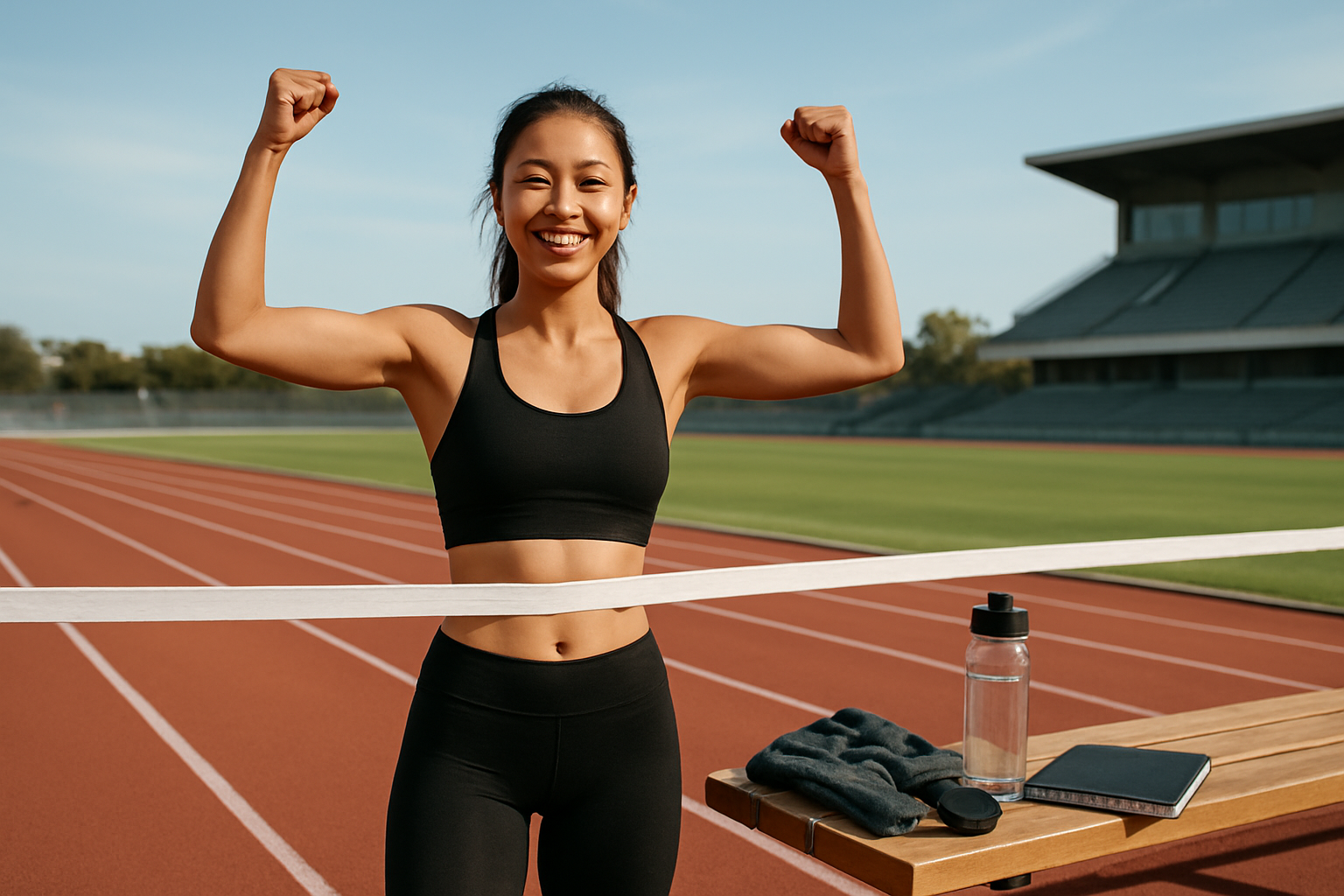 Create a realistic image of a fit Asian female athlete in athletic wear standing confidently at the finish line of a running track, arms raised in celebration with a satisfied smile, surrounded by modern fitness equipment including a heart rate monitor, water bottle, and training journal placed on a nearby bench, with a bright outdoor stadium setting featuring clear blue skies and soft natural lighting that conveys achievement and success, absolutely NO text should be in the scene.