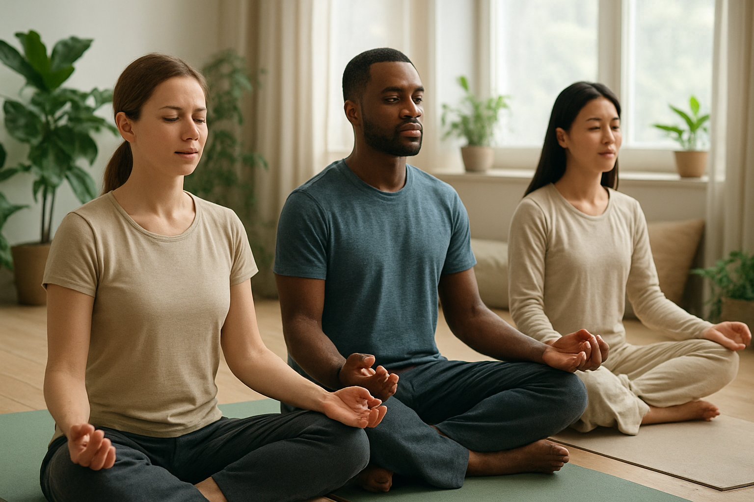 Create a realistic image of a peaceful meditation scene featuring a diverse group including a white female, black male, and Asian female sitting cross-legged on yoga mats in a serene indoor space with soft natural lighting filtering through large windows, surrounded by green plants and cushions, eyes gently closed in mindful meditation, with a calm and tranquil atmosphere emphasizing mental clarity and relaxation, absolutely NO text should be in the scene.